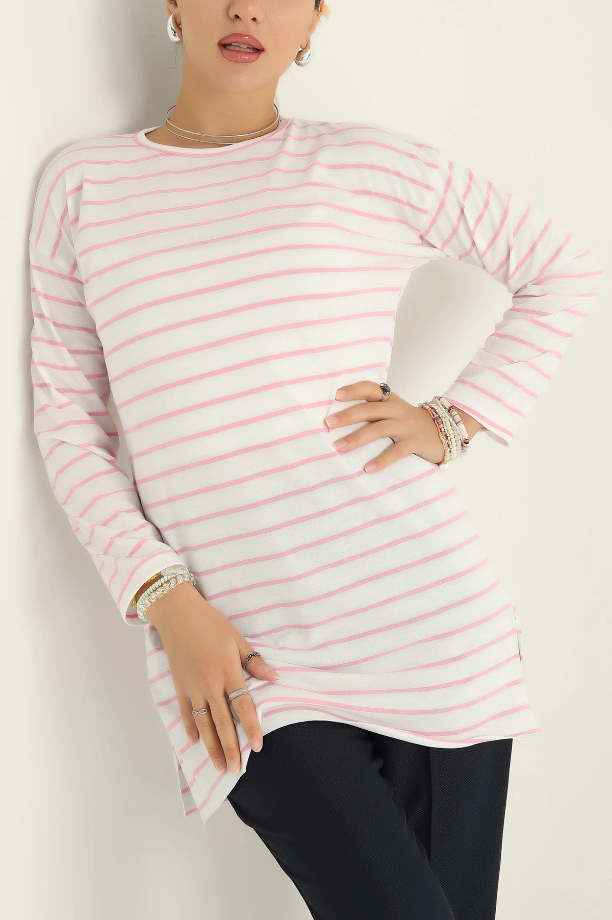Pembe Süprem Çizgili Tunik 295150