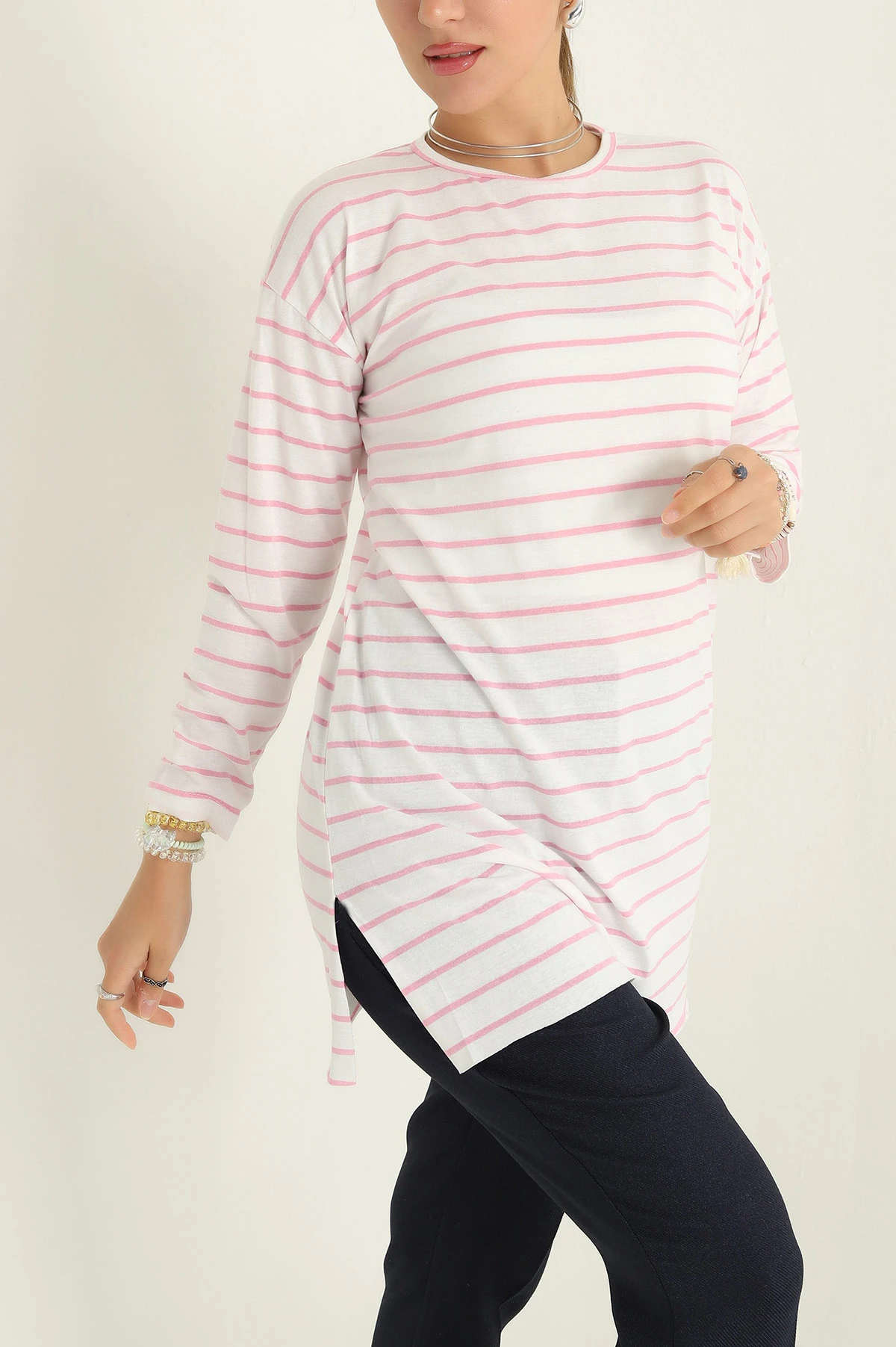 Pembe Süprem Çizgili Tunik 295150