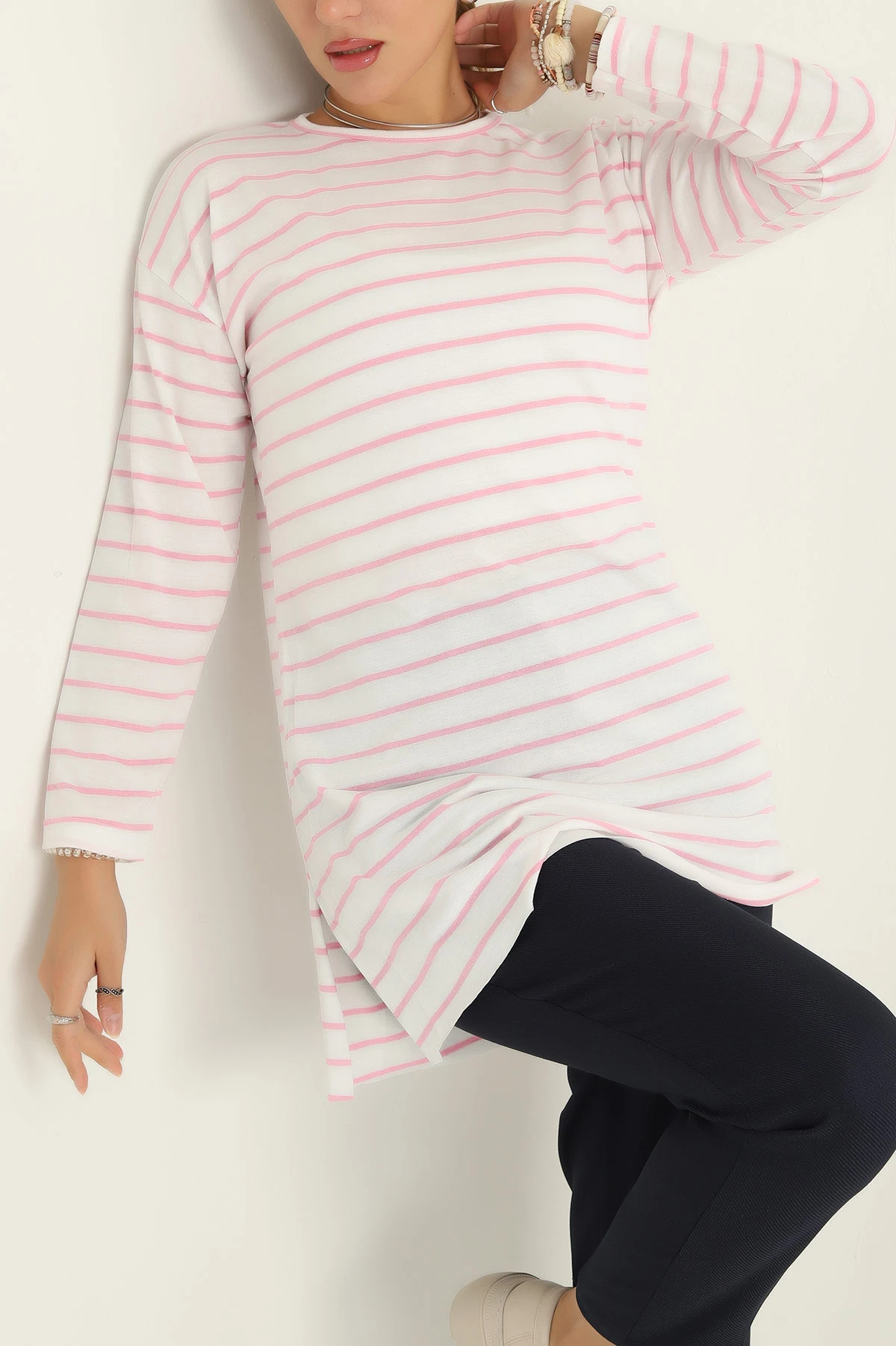 Pembe Süprem Çizgili Tunik 295150