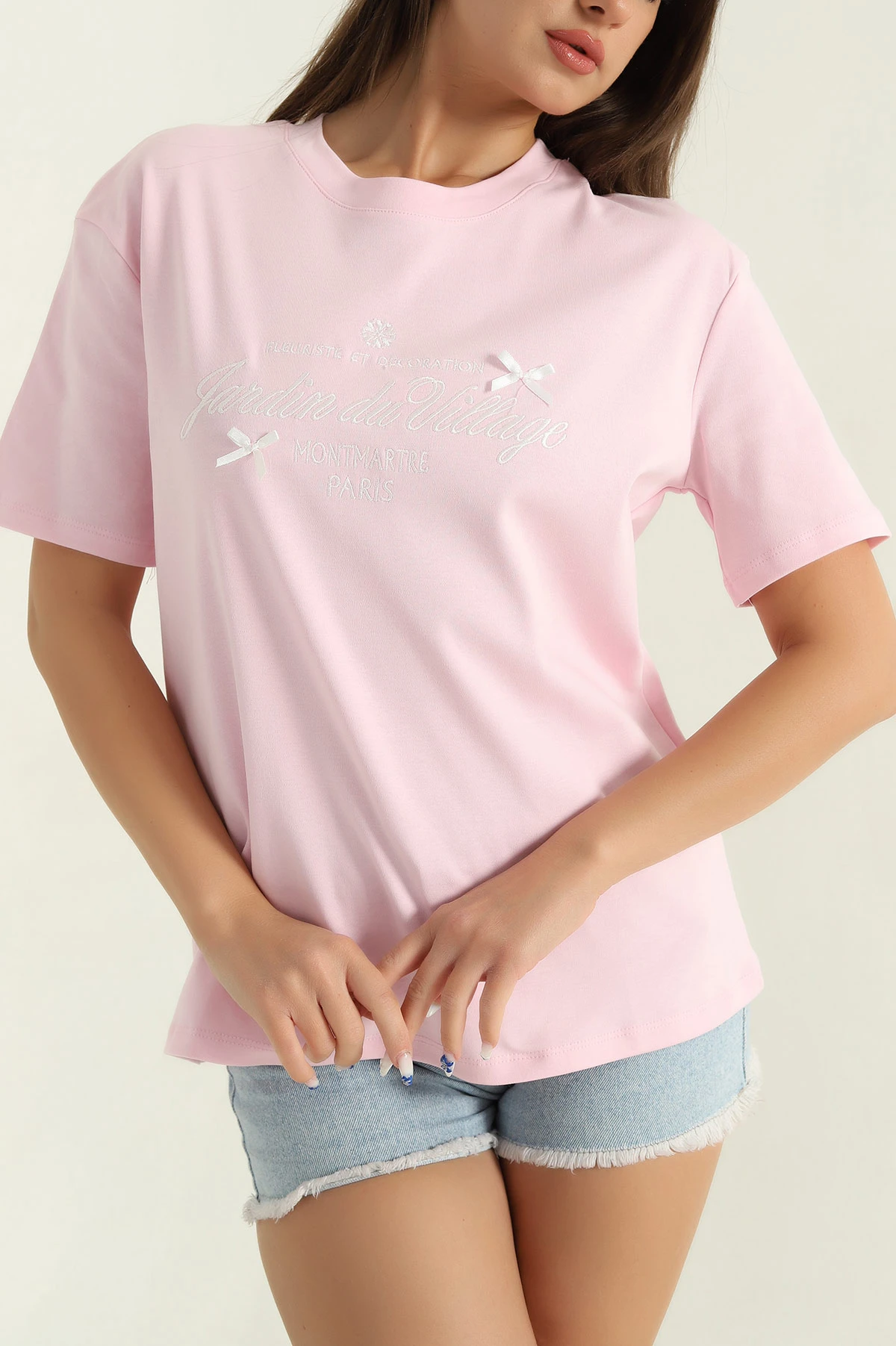 Pembe Süprem Kumaş Bisiklet Yaka Kadın Tişört 368200