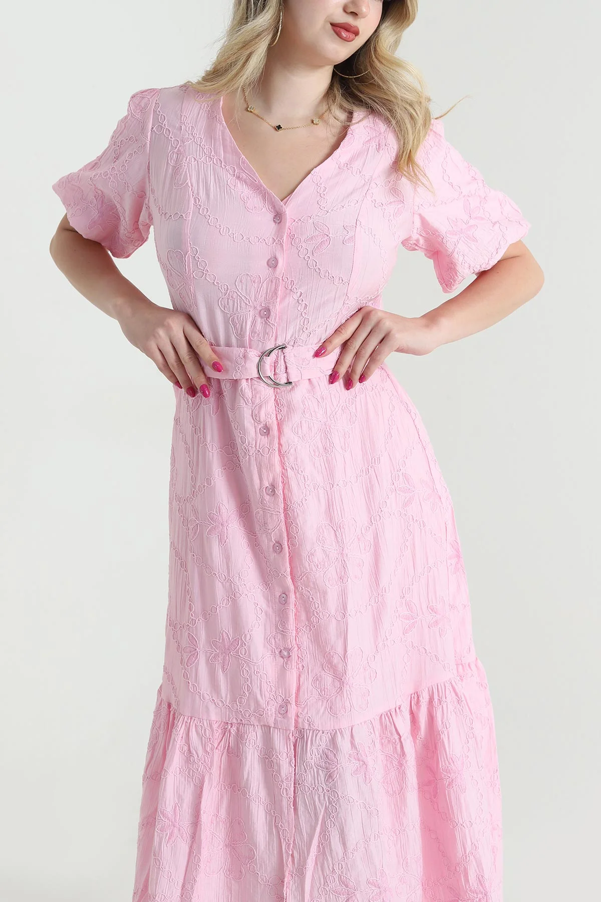 Pembe Süzine Nakışlı Kadın Elbise 463374
