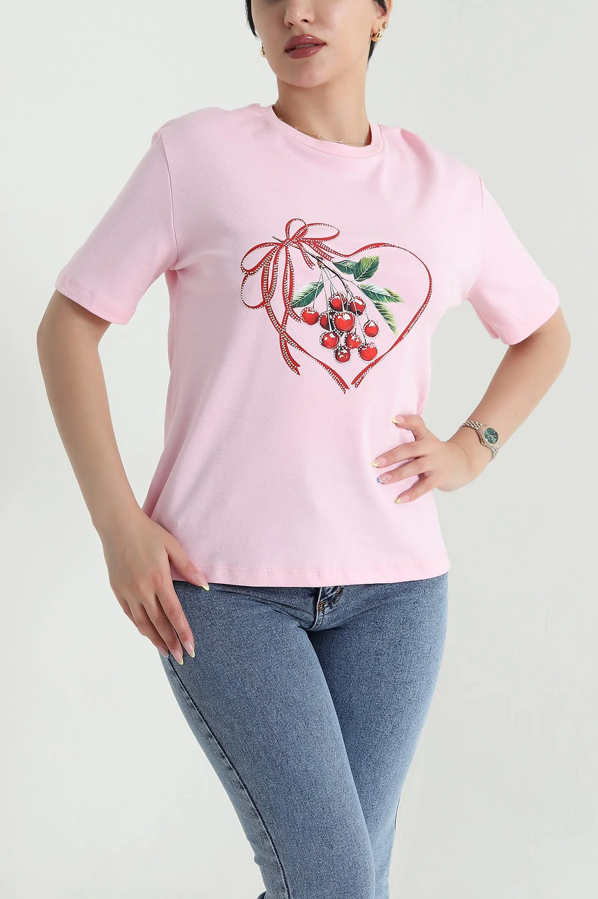 Pembe Taş İşlemeli İnterlok Kadın Tişört 467412