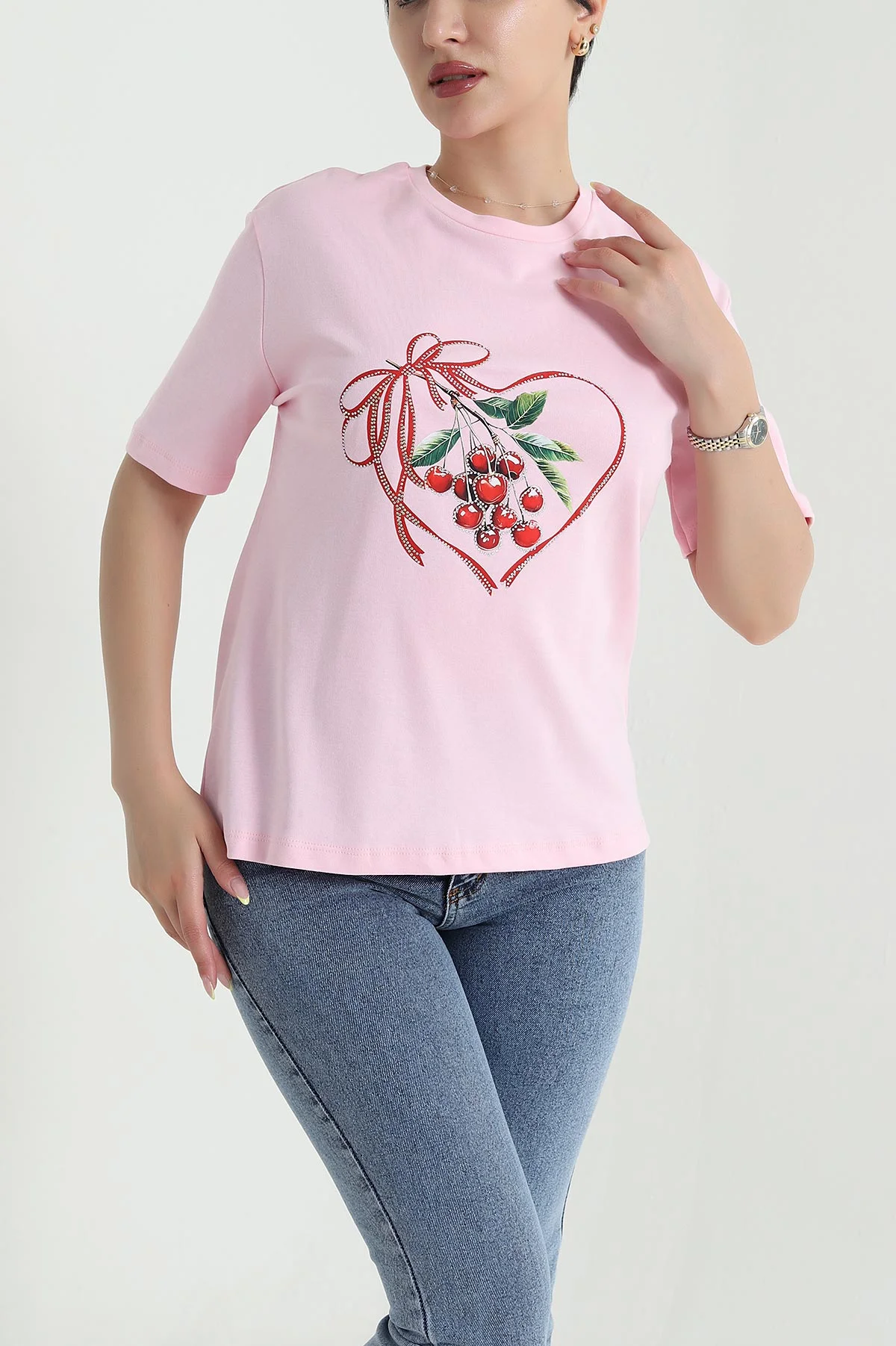 Pembe Taş İşlemeli İnterlok Kadın Tişört 467412