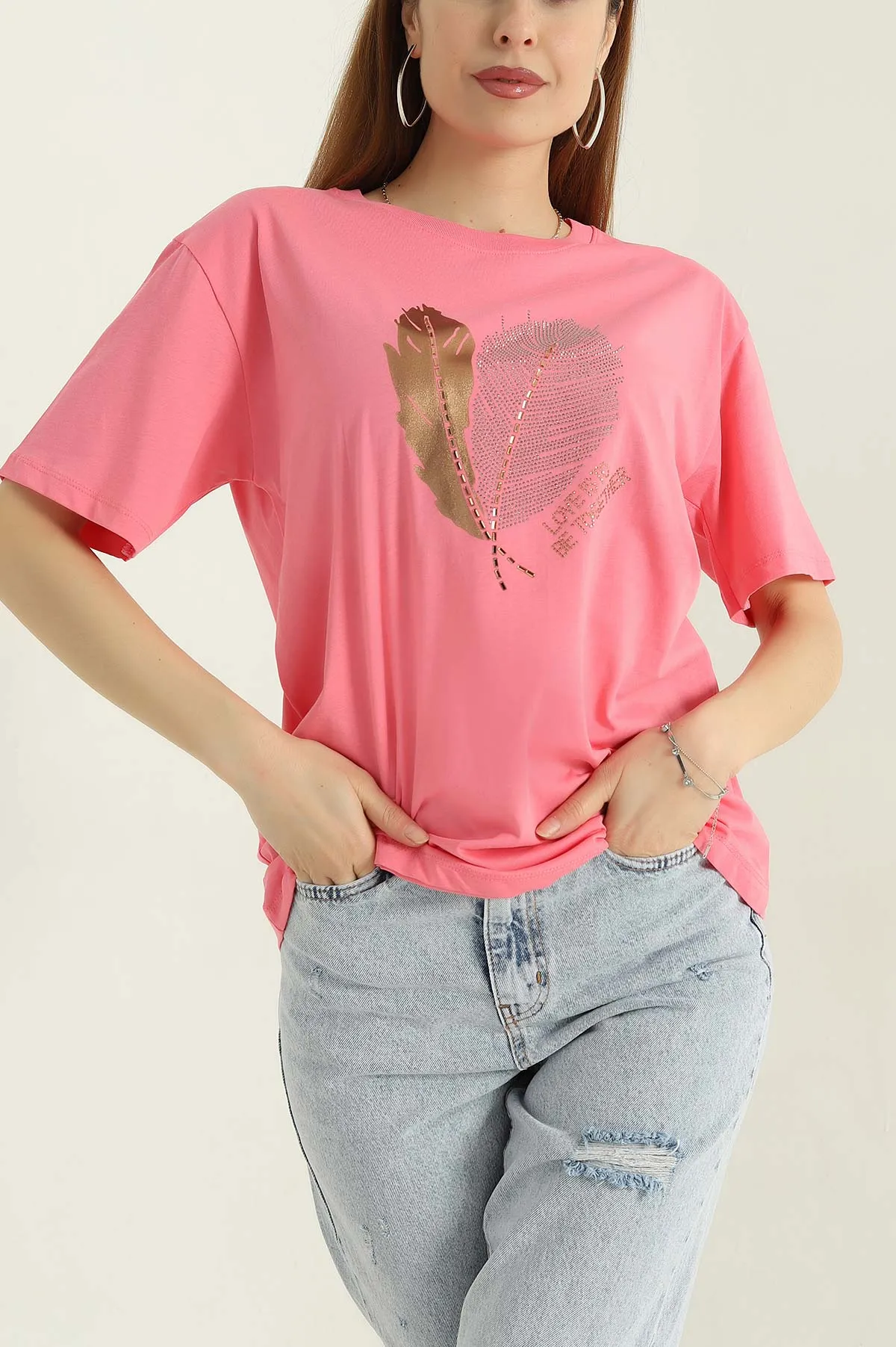Pembe Taş İşlemeli Süprem Kadın Tişört 360542