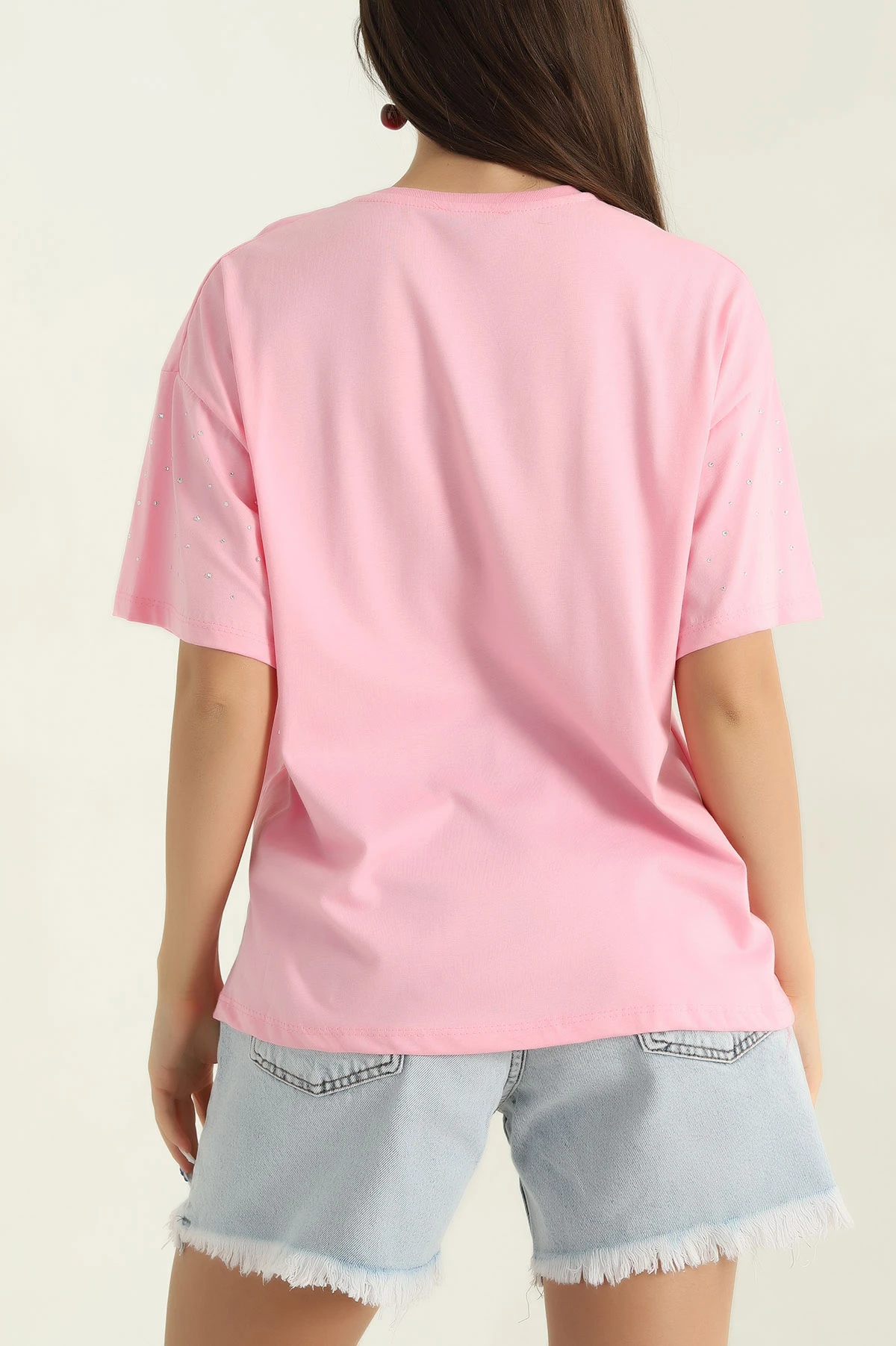 Pembe Taşlı Bisiklet Yaka Bayan Süprem Tişört 367890