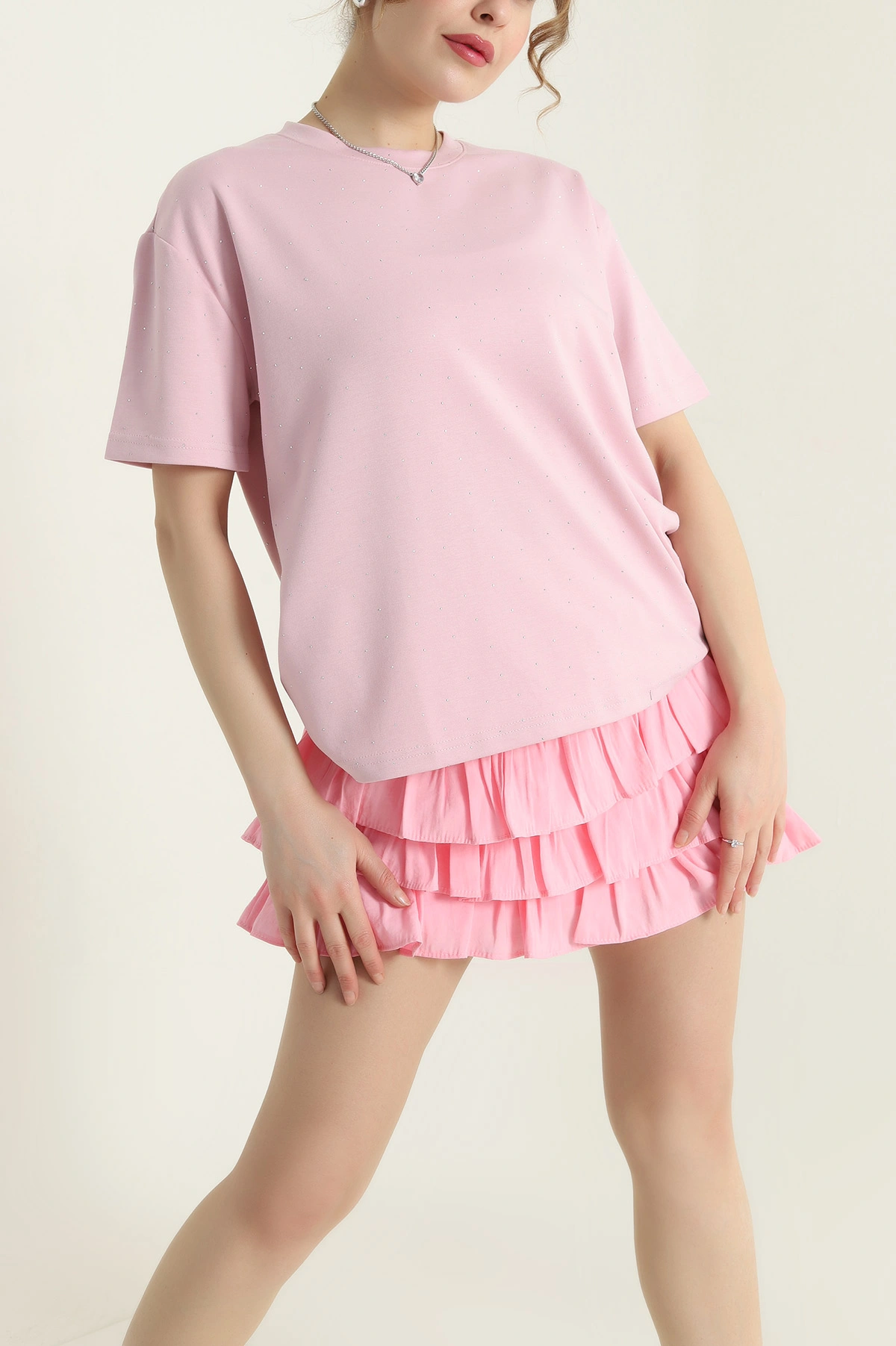 Pembe Taşlı İnterlok Kadın Bluz 435826