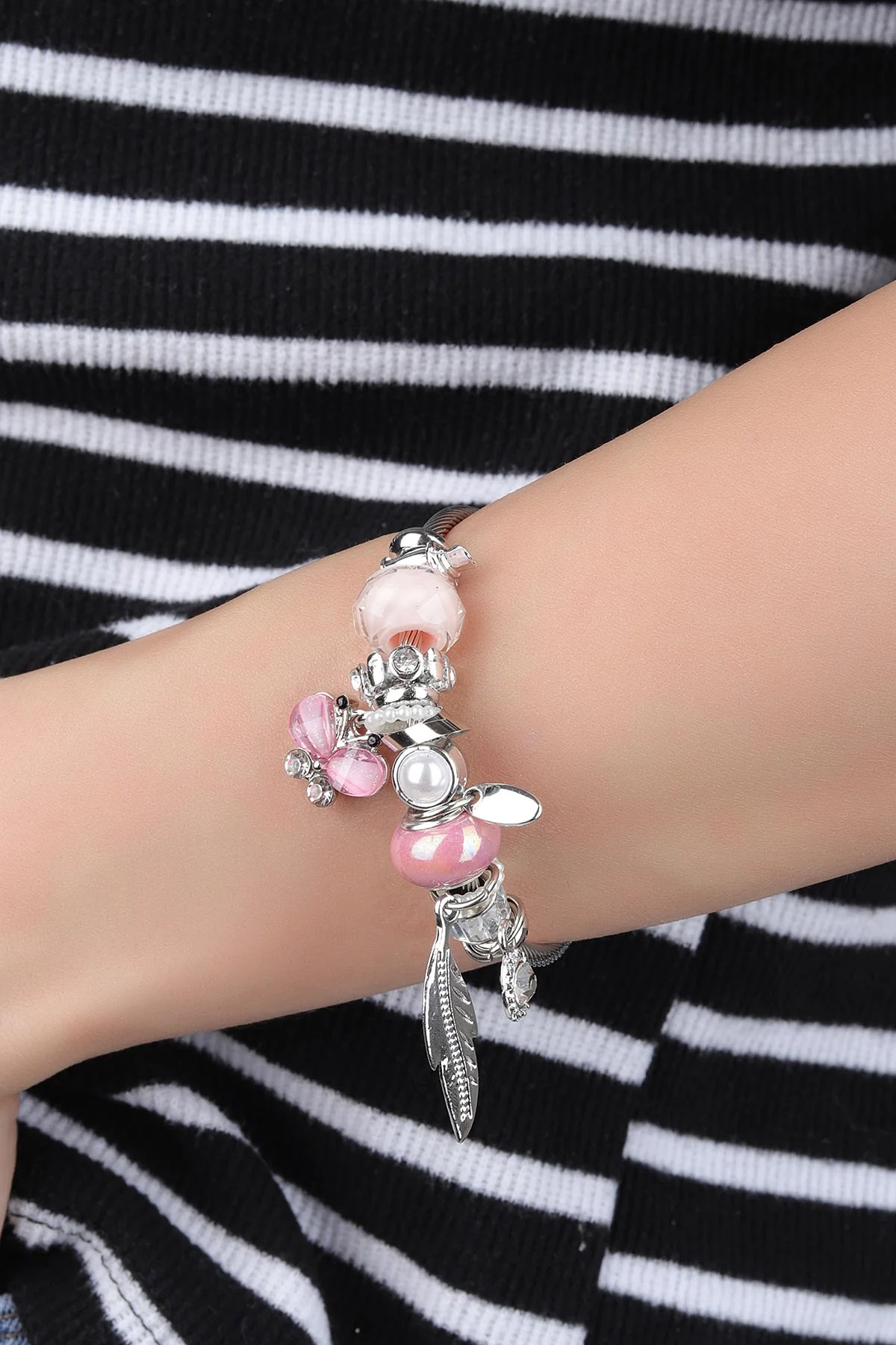 Pembe Taşlı Kelebek Detaylı Çelik Pandora Bileklik 318420