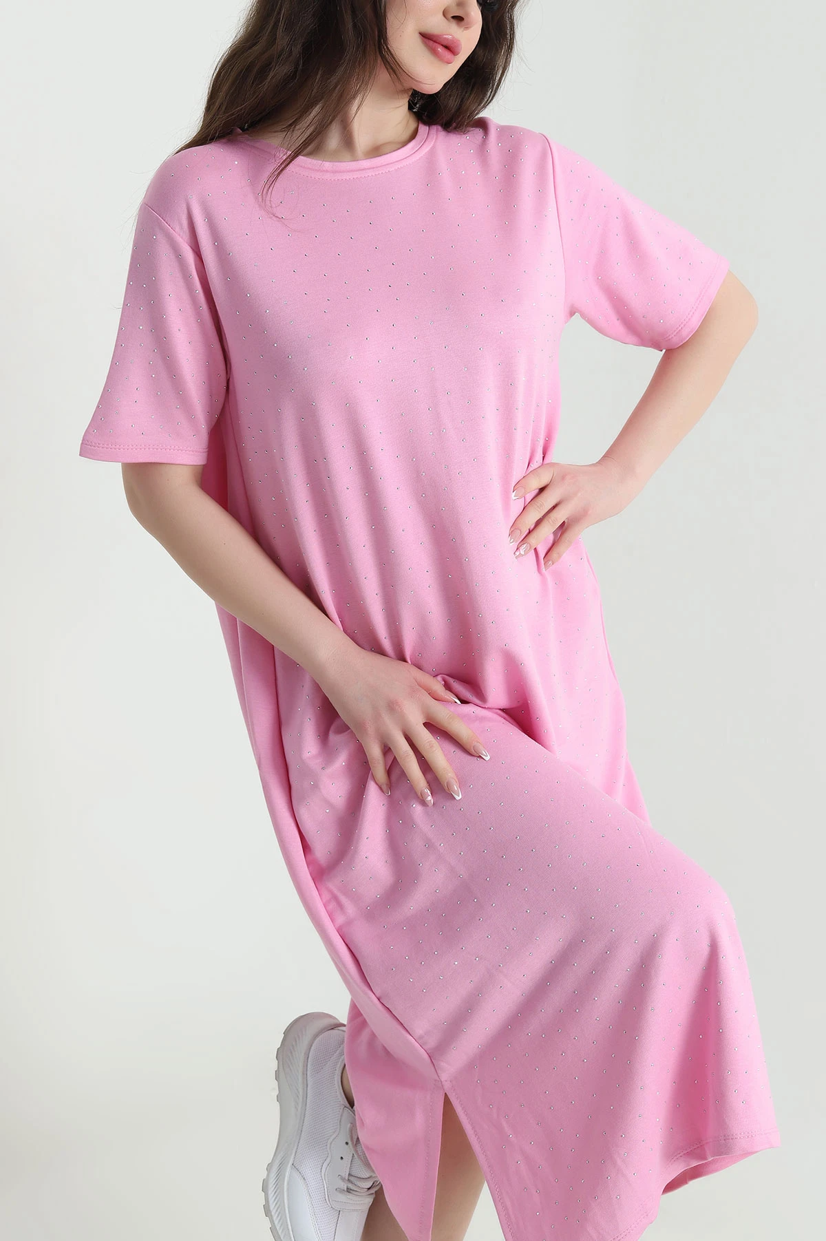Pembe Taşlı Likralı Kristal Kadın Elbise 452836