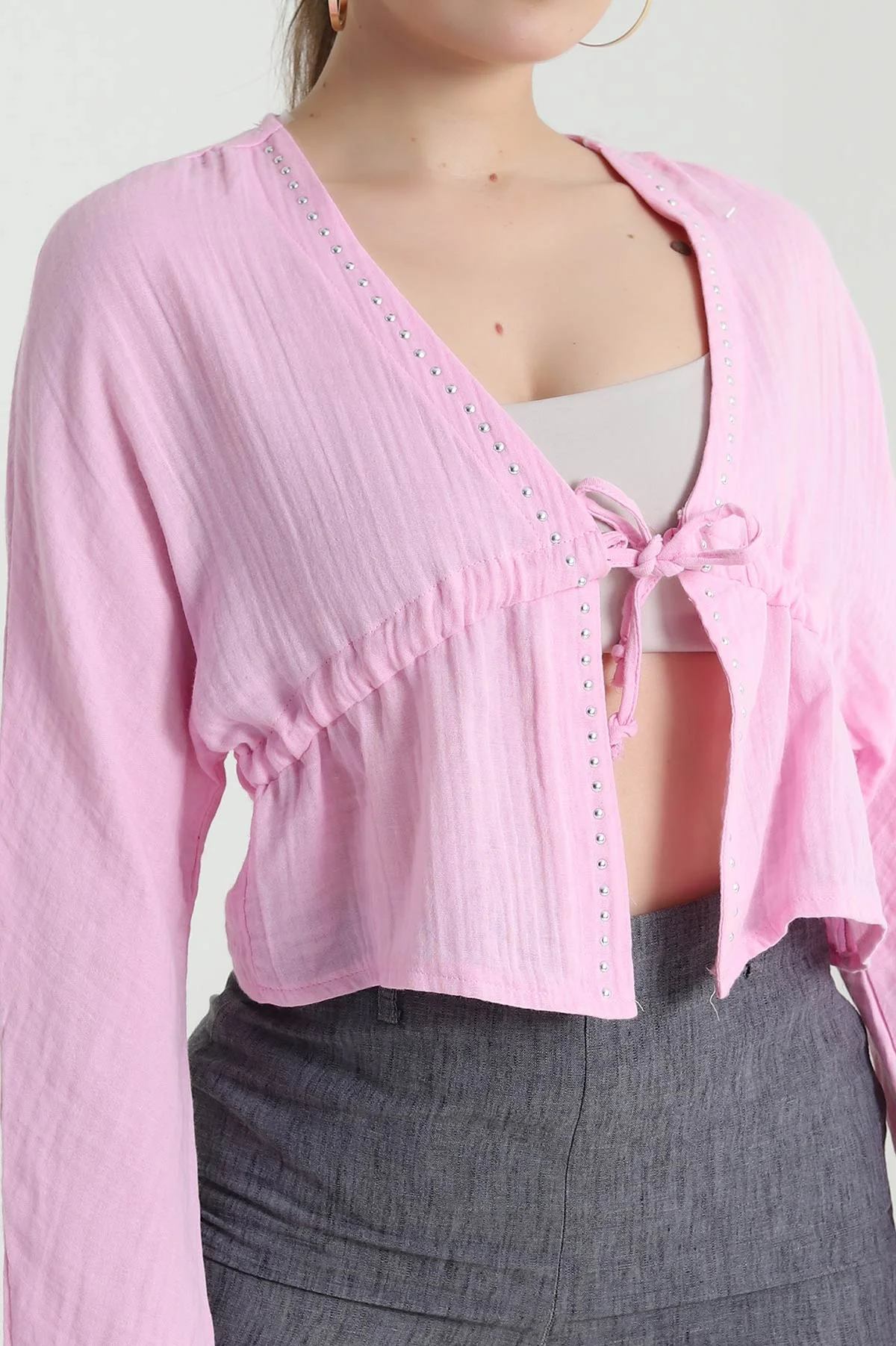 Pembe Taşlı Müslin Keten Kadın Kimono Bluz 466282