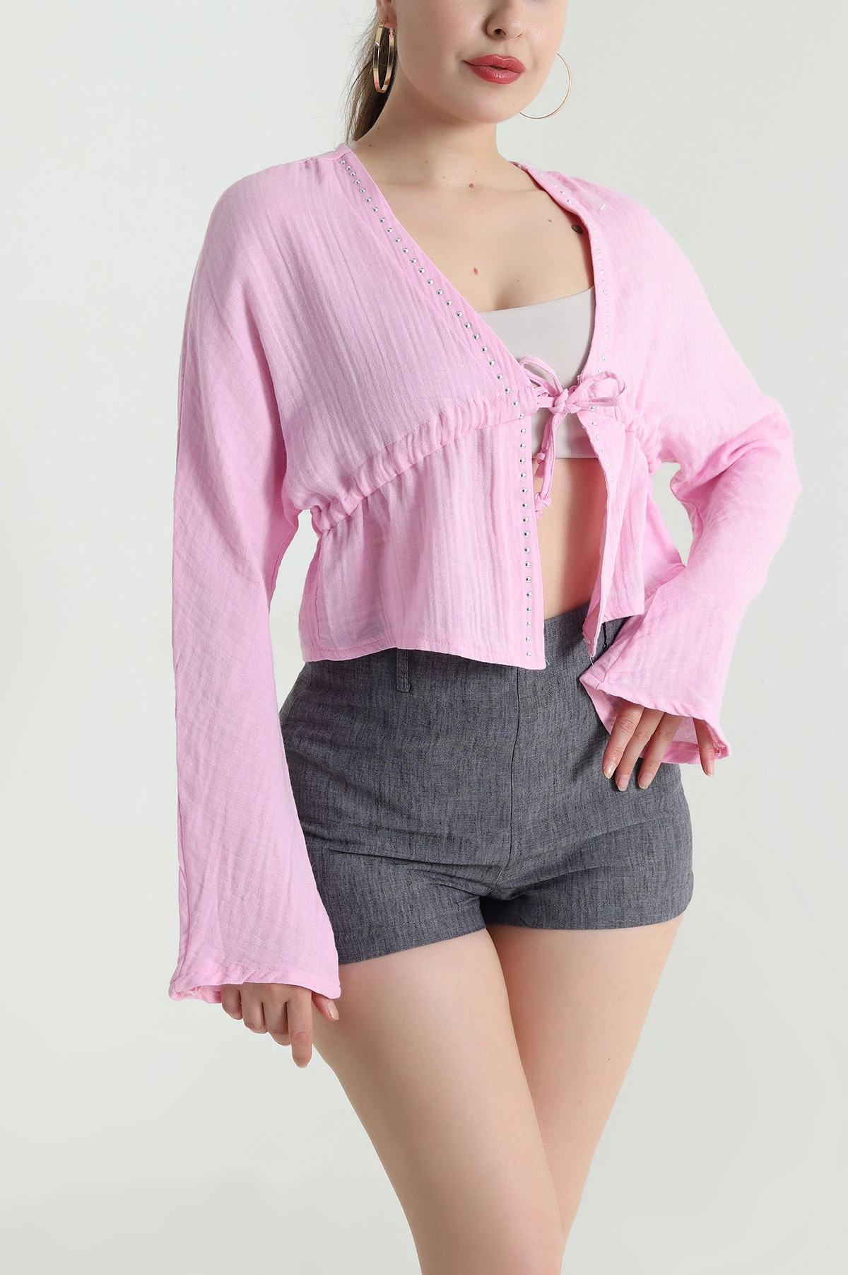 Pembe Taşlı Müslin Keten Kadın Kimono Bluz 466282
