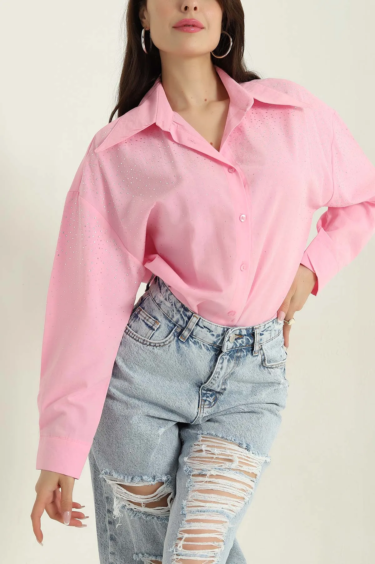 Pembe Taşlı Poplin Kadın Gömlek 368991