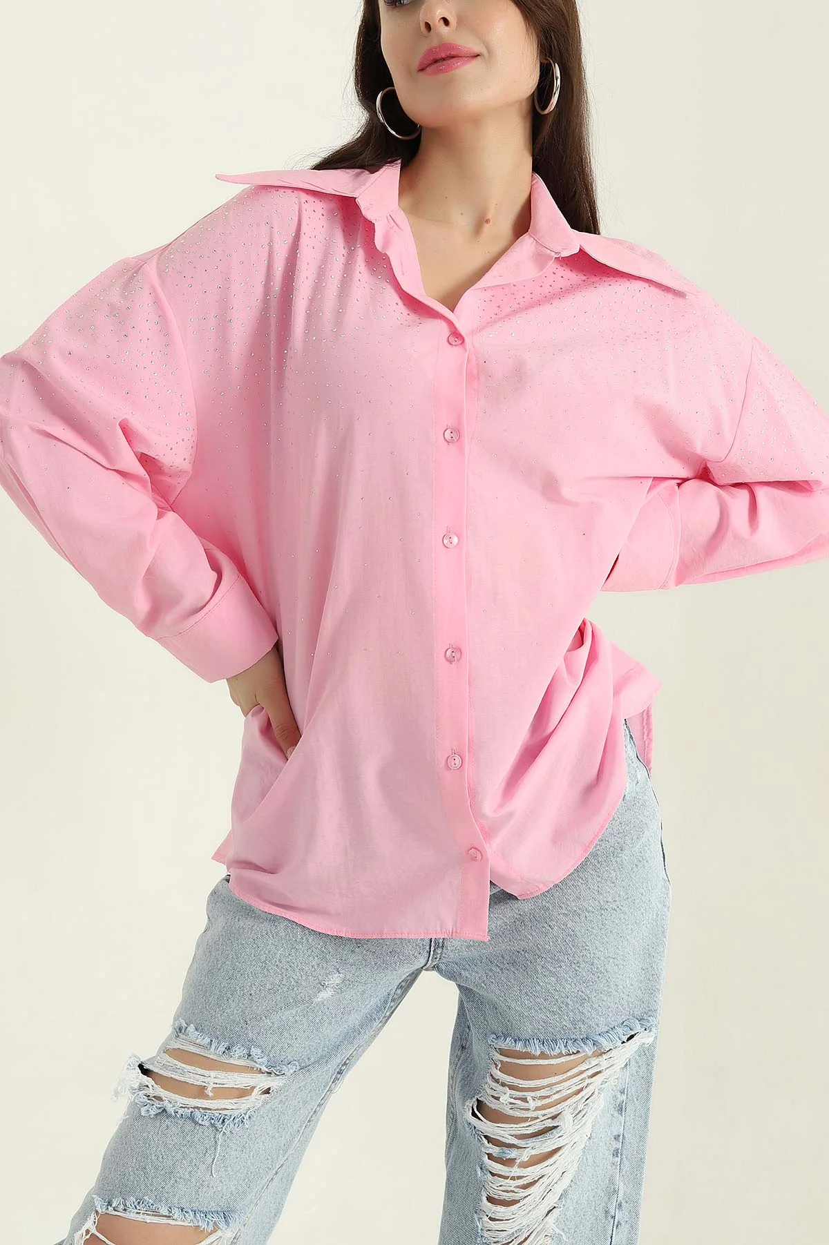 Pembe Taşlı Poplin Kadın Gömlek 368991