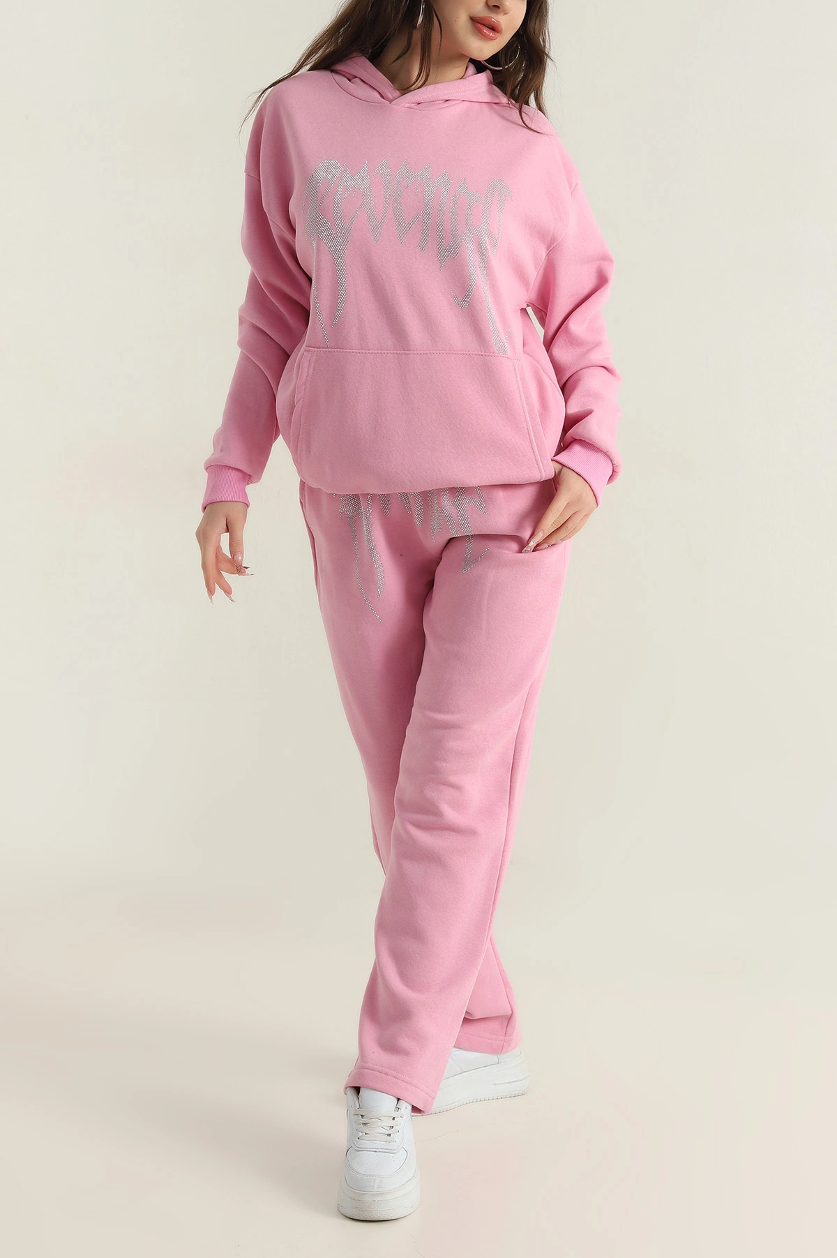 Pembe Taşlı Şardonlu Üç İp Kadın İkili Takım 415637