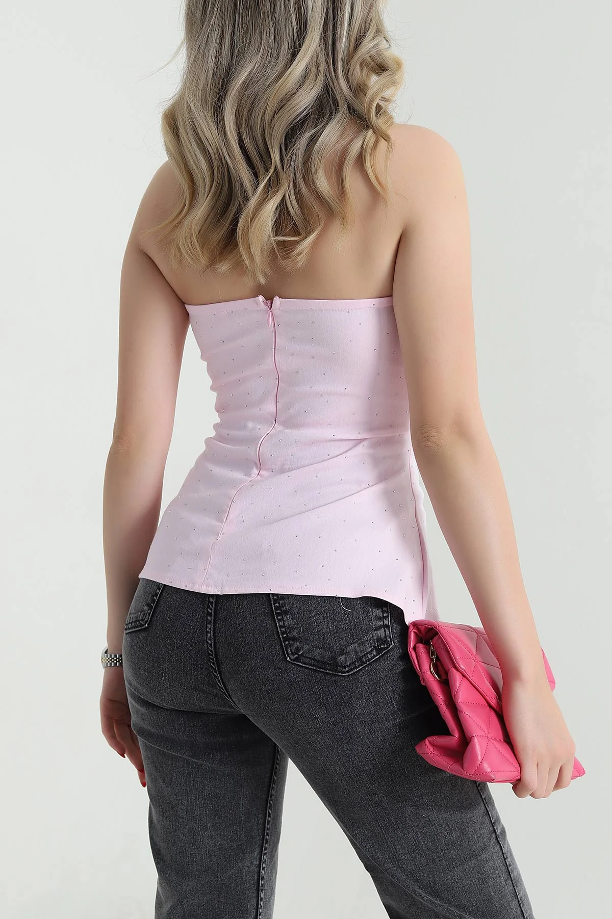 Pembe Taşlı Straplez Kadın Denim Büstiyer 473164