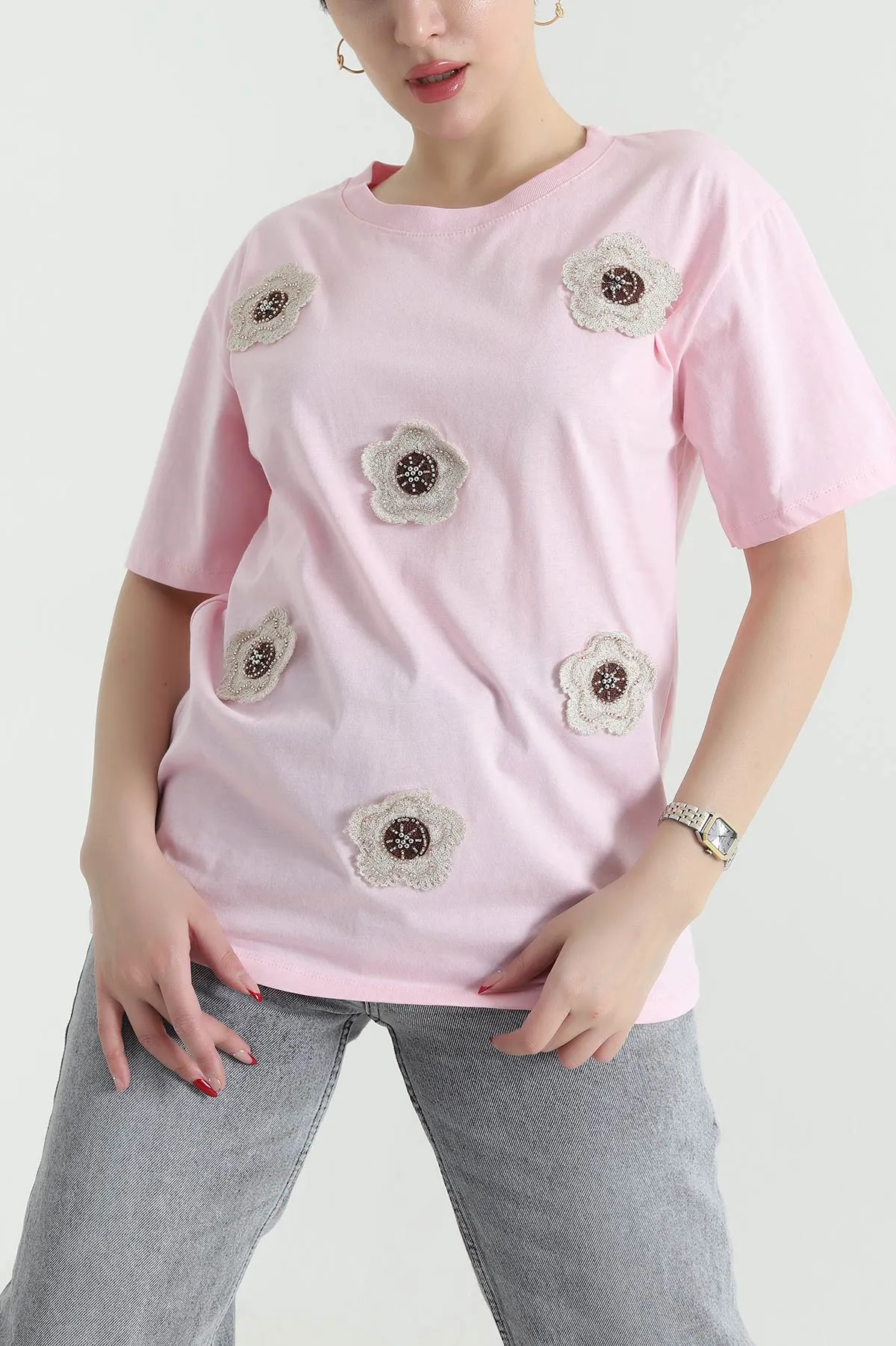 Pembe Taşlı Süprem Kadın Tişört 438608
