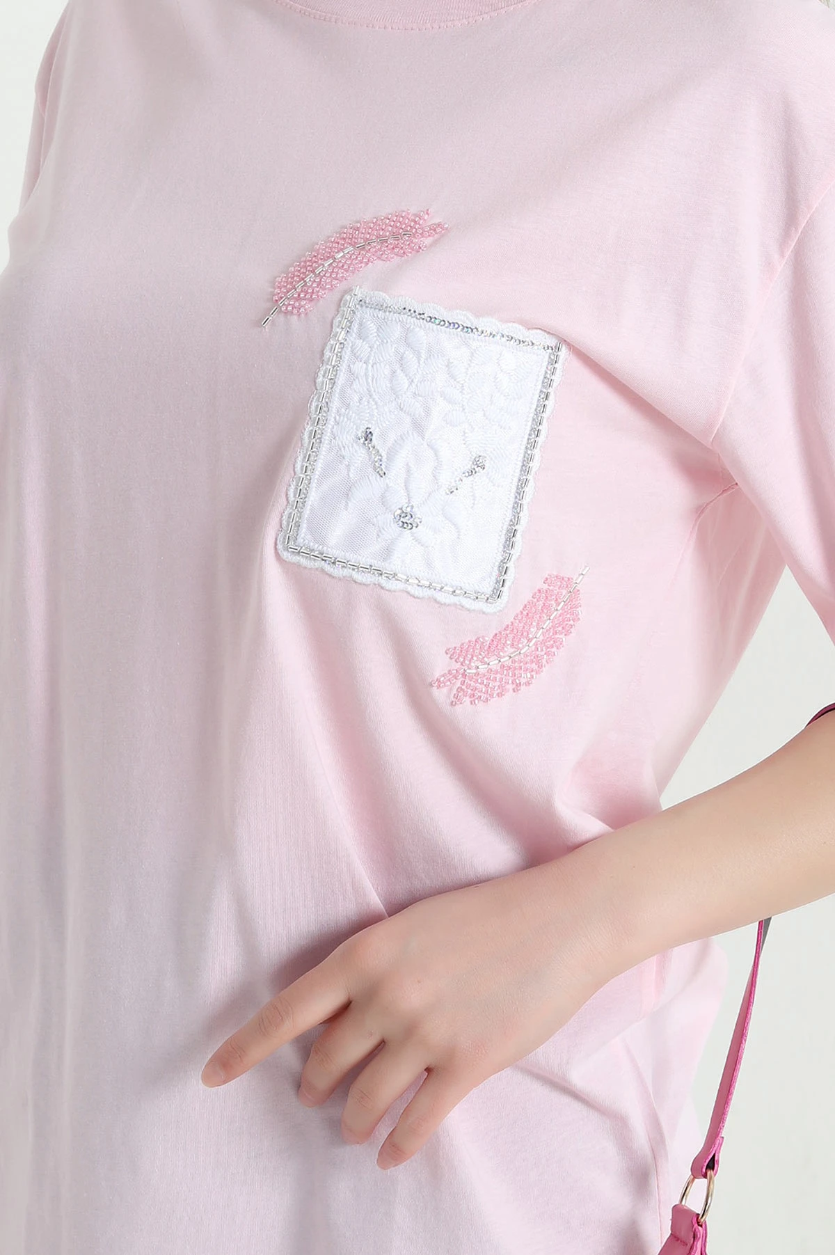 Pembe Taşlı Tasarım Oversize Süprem Kadın Tişört 451802