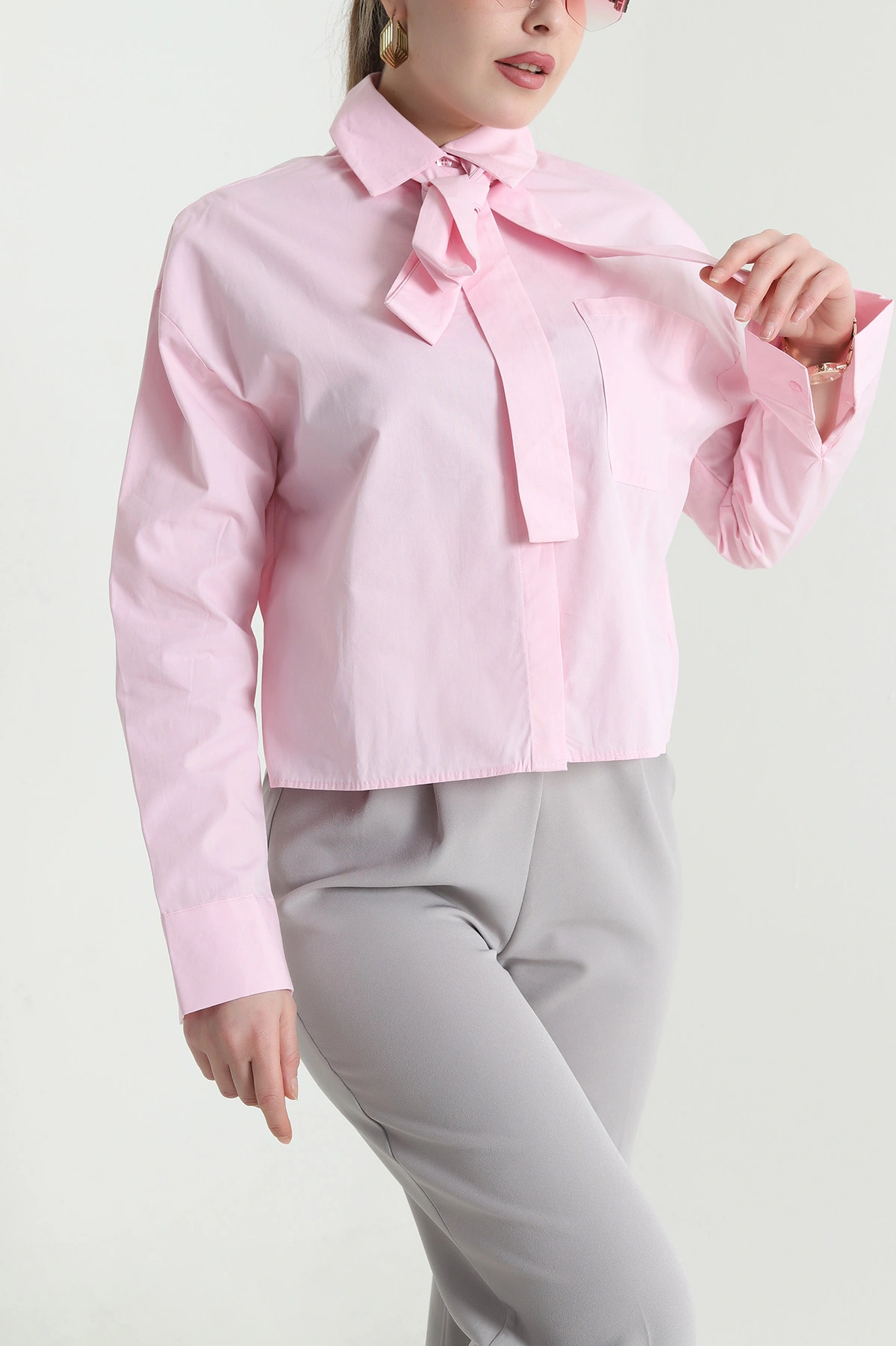 Pembe Tek Cep Kuşak Detay Kadın Poplin Gömlek 441419