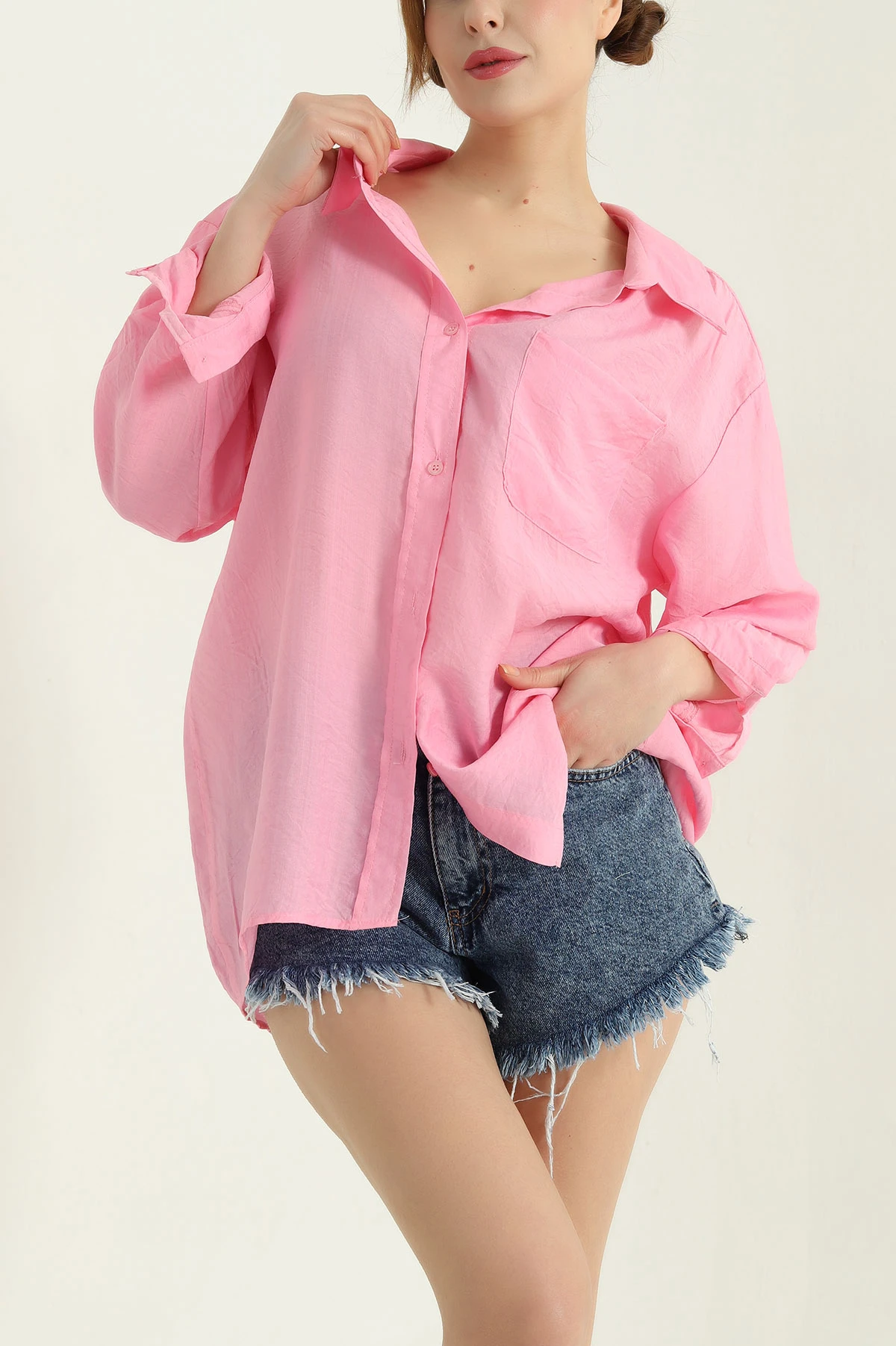 Pembe Tek Cep Oversize Dokuma Bayan Gömlek 336959