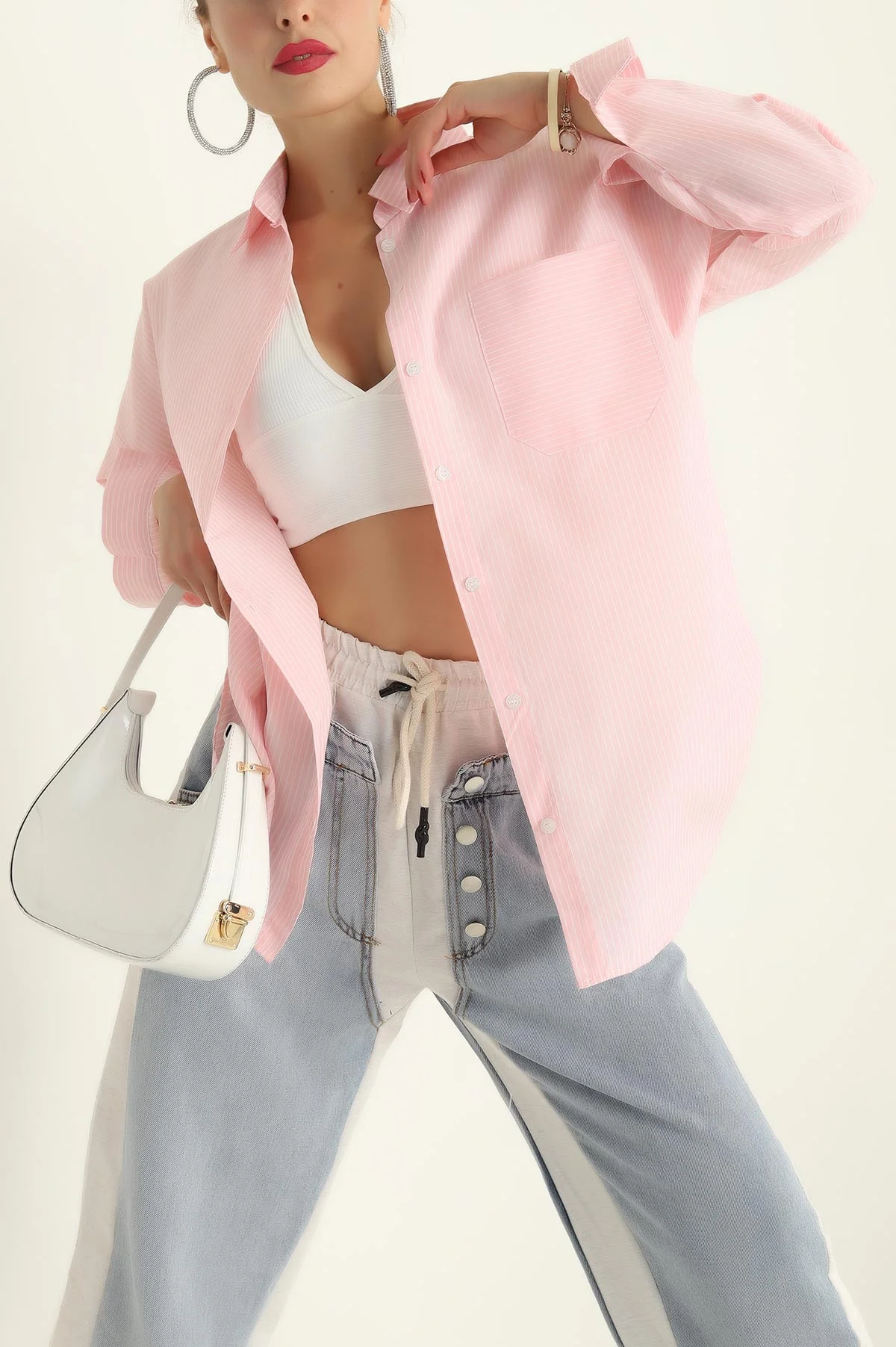 Pembe Tek Cep Oversize Tunik Gömlek 286274