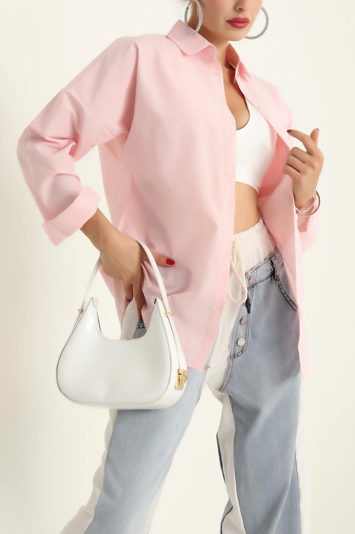 Pembe Tek Cep Oversize Tunik Gömlek 286274