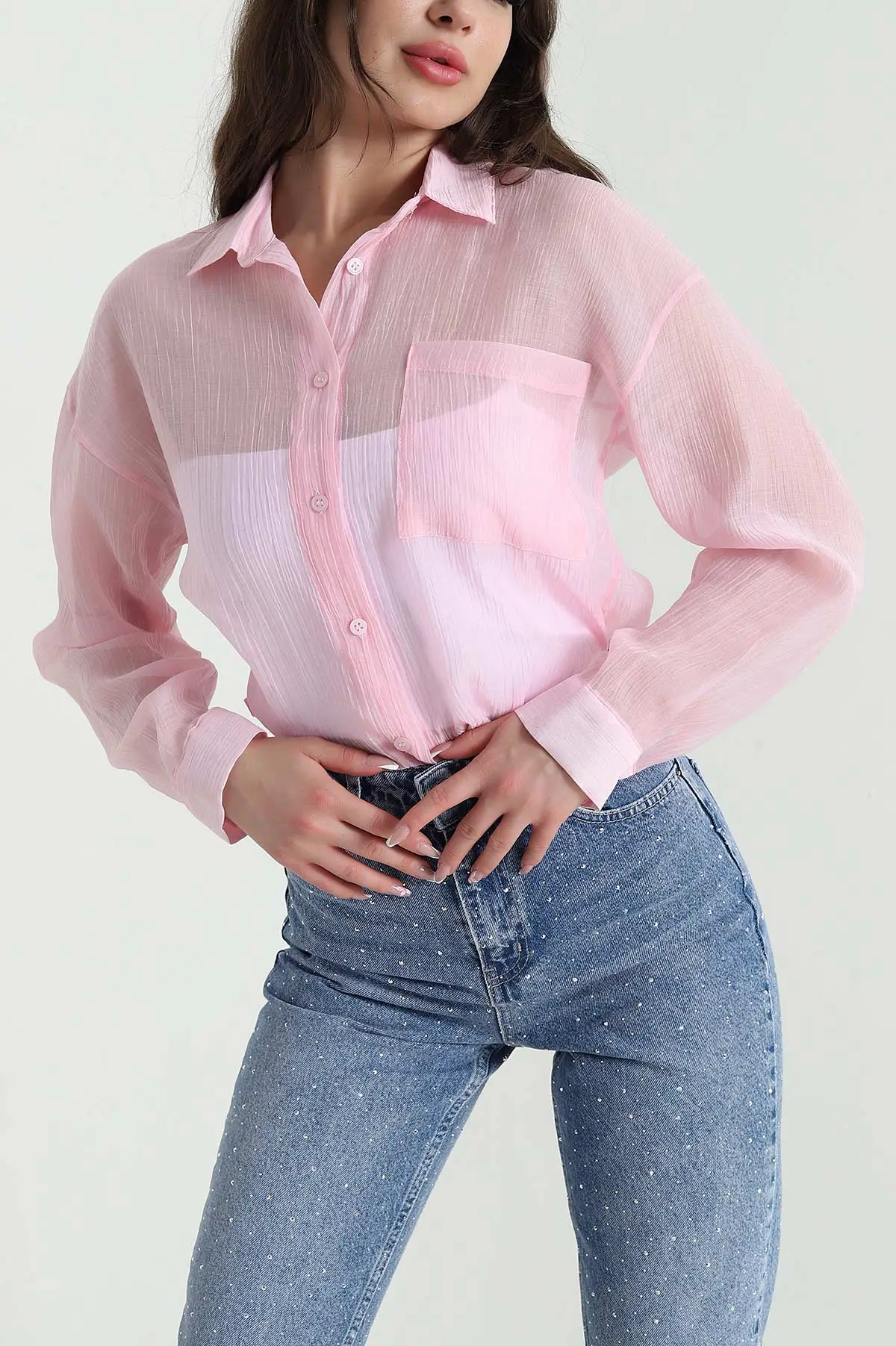Pembe Tek Cep Tencel Kadın Gömlek 456032