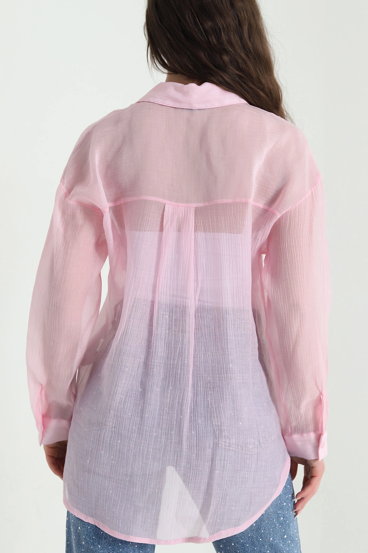 Pembe Tek Cep Tencel Kadın Gömlek 456032