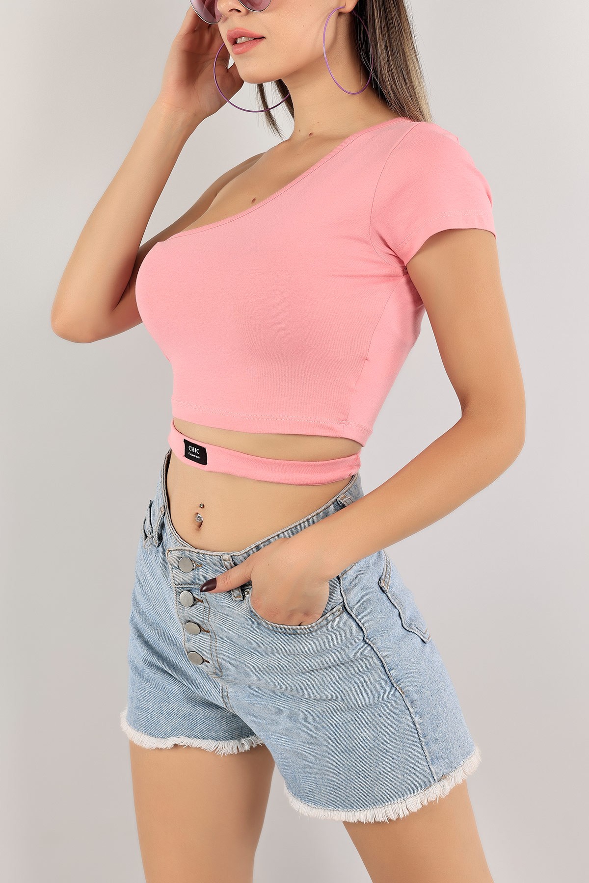 Pembe Tek Omuz Crop Üst 123525