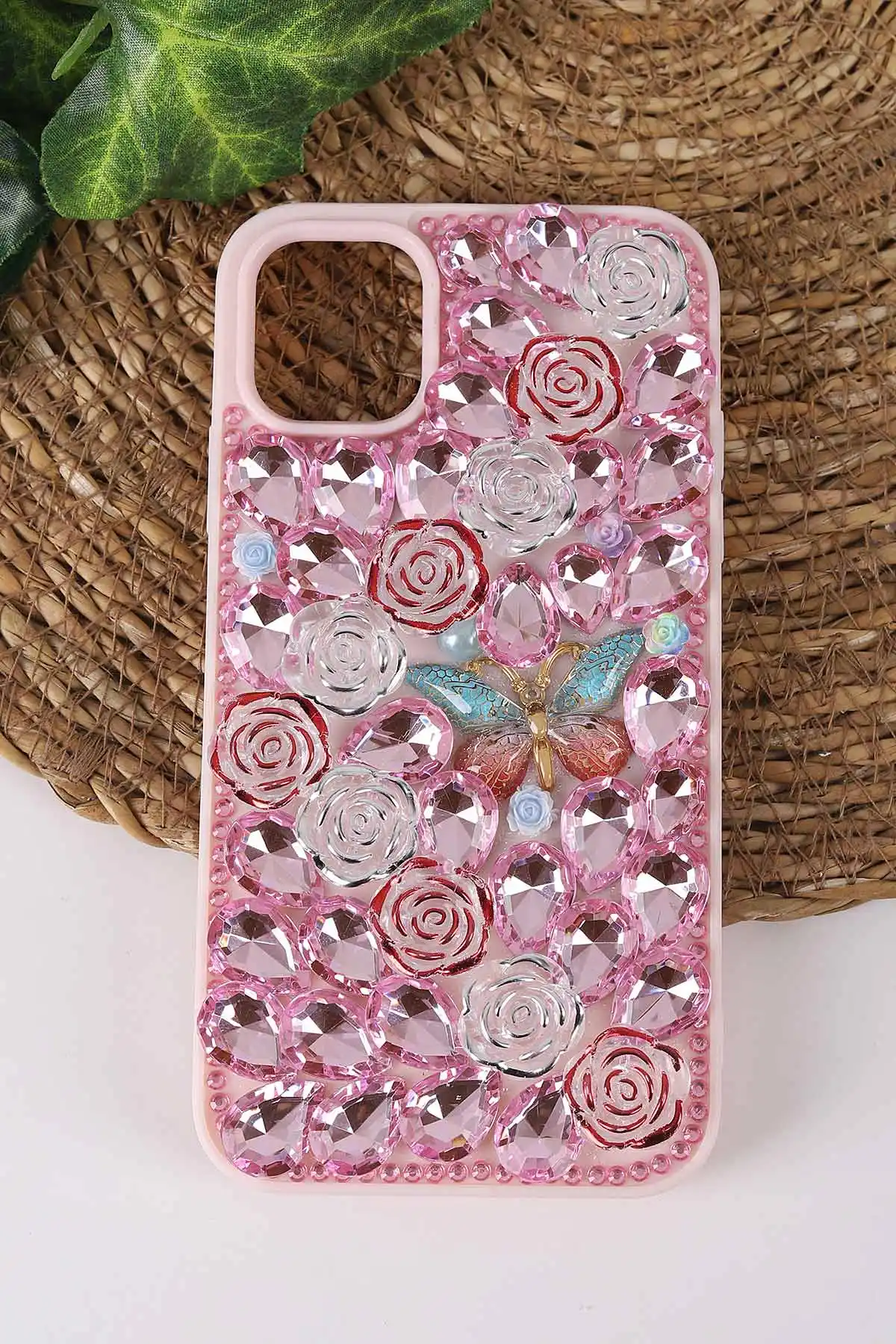 Pembe TeknoCase İPhone 11 Uyumlu Daisy Case Serisi Taşlı Vakumlu Sert Silikon Telefon Kılıfı 431016