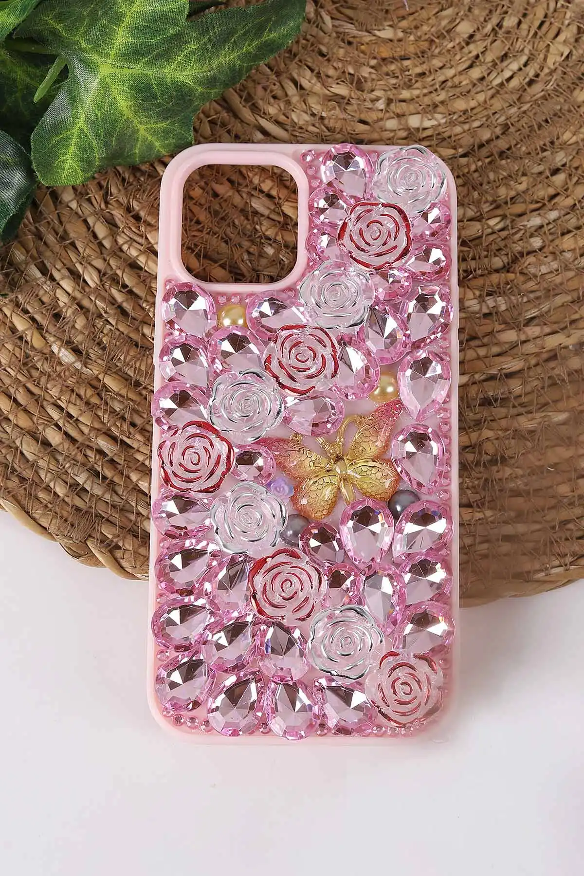 Pembe TeknoCase İPhone 12 Uyumlu Daisy Case Serisi Taşlı Vakumlu Sert Silikon Telefon Kılıfı 431023