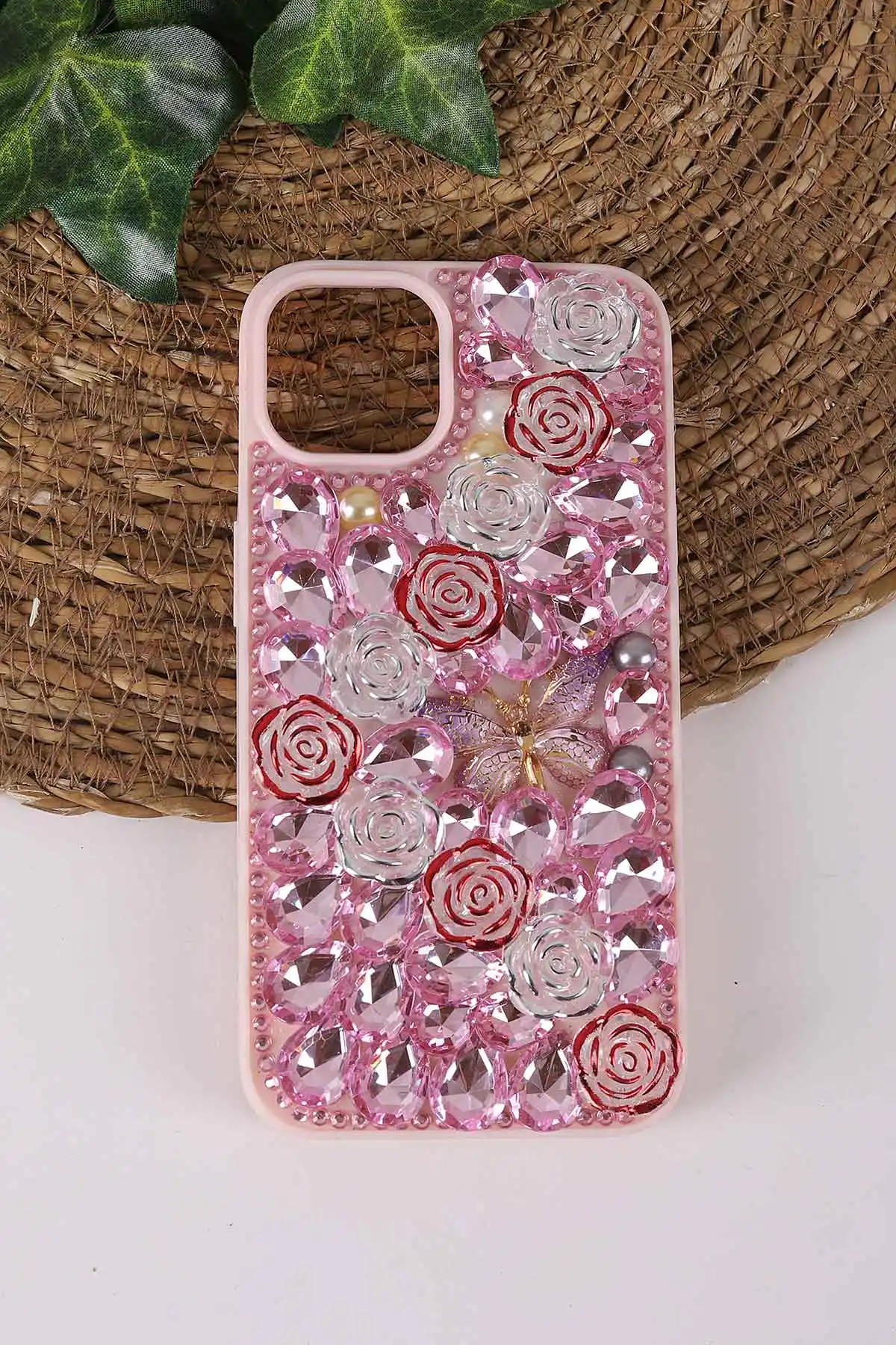 Pembe TeknoCase İPhone 13 Uyumlu Daisy Case Serisi Taşlı Vakumlu Sert Silikon Telefon Kılıfı 431028