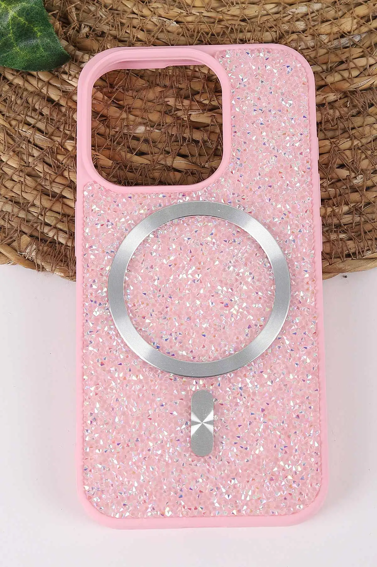 Pembe TeknoCase İPhone 15 Pro Uyumlu Viola Diamond Case Serisi Kartlıklı Lens Hediyeli Sert Silikon Telefon Kılıfı 430823