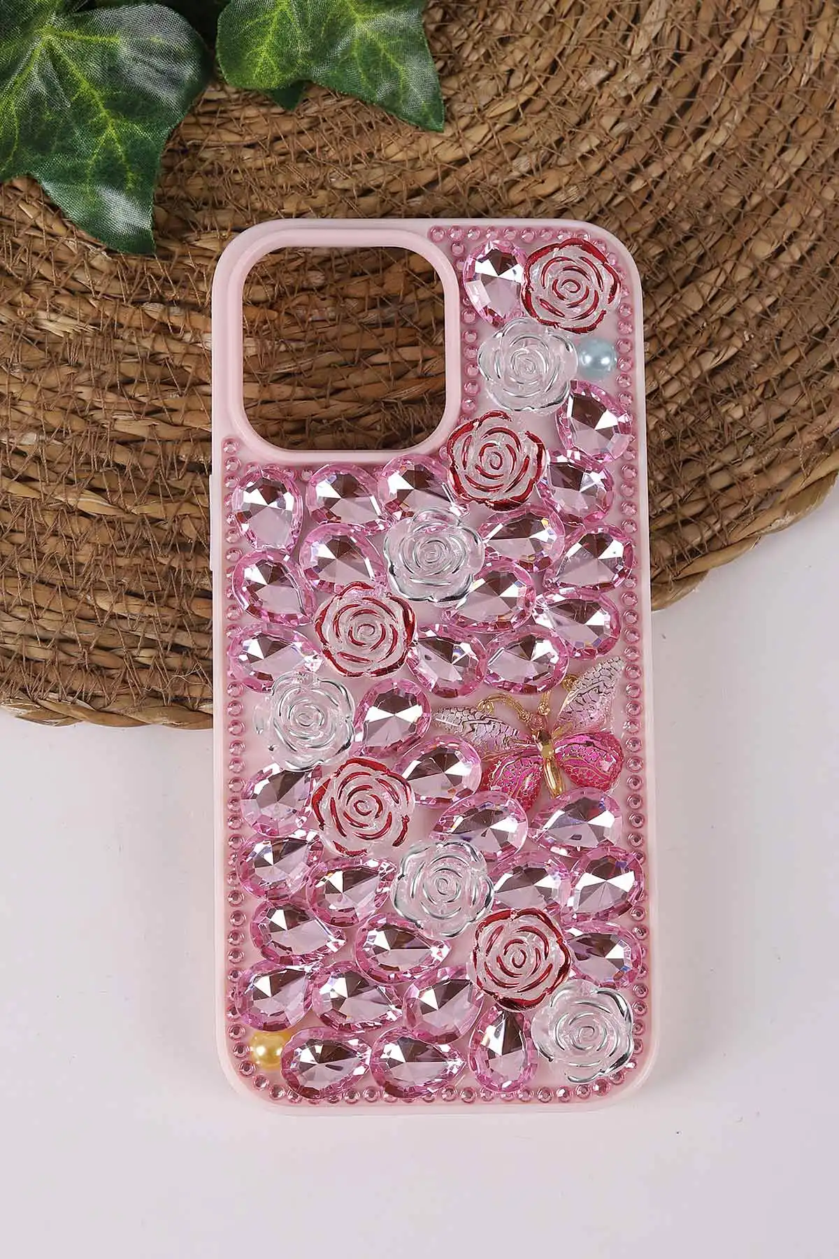 Pembe TeknoCase İPhone 16 Pro Max Uyumlu Daisy Case Serisi Taşlı Vakumlu Sert Silikon Telefon Kılıfı 431096