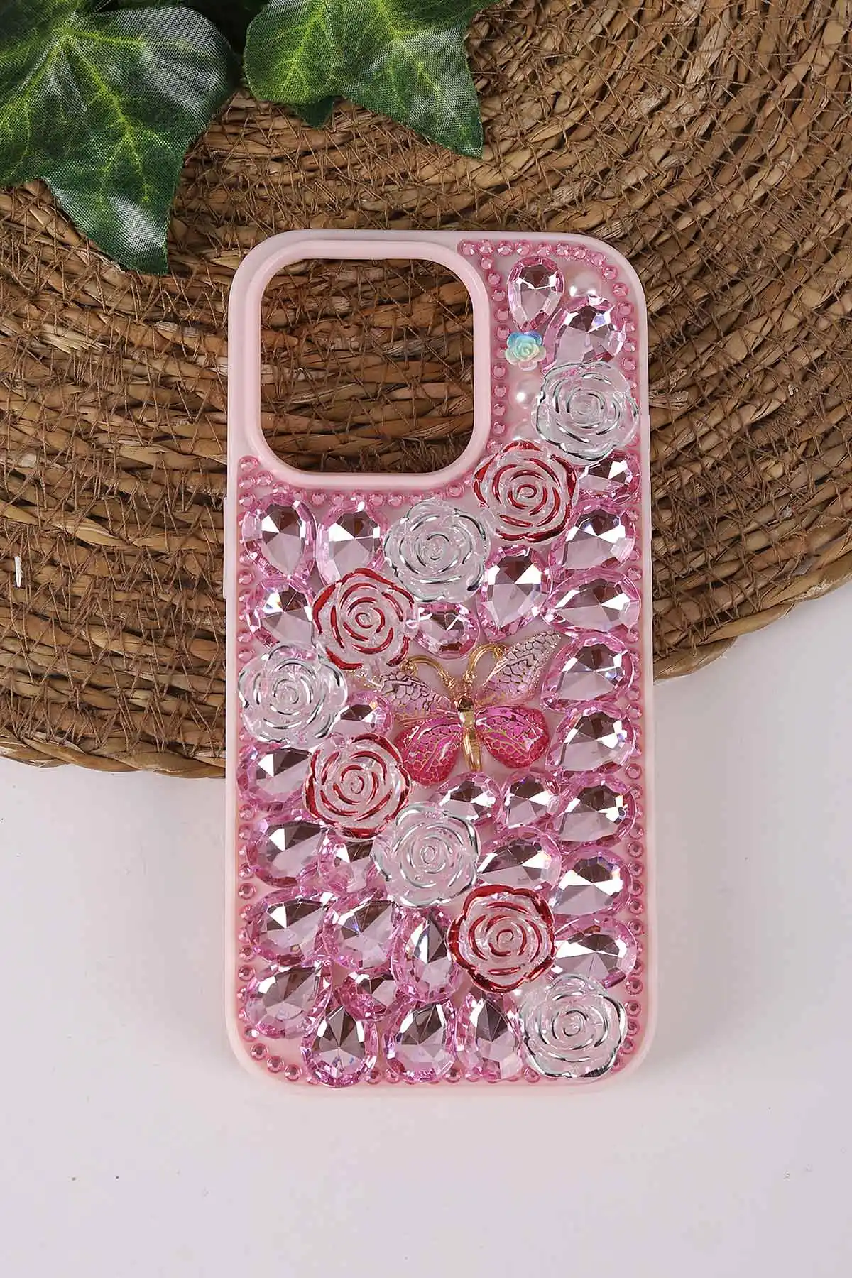 Pembe TeknoCase İPhone 16 Pro Uyumlu Daisy Case Serisi Taşlı Vakumlu Sert Silikon Telefon Kılıfı 431092