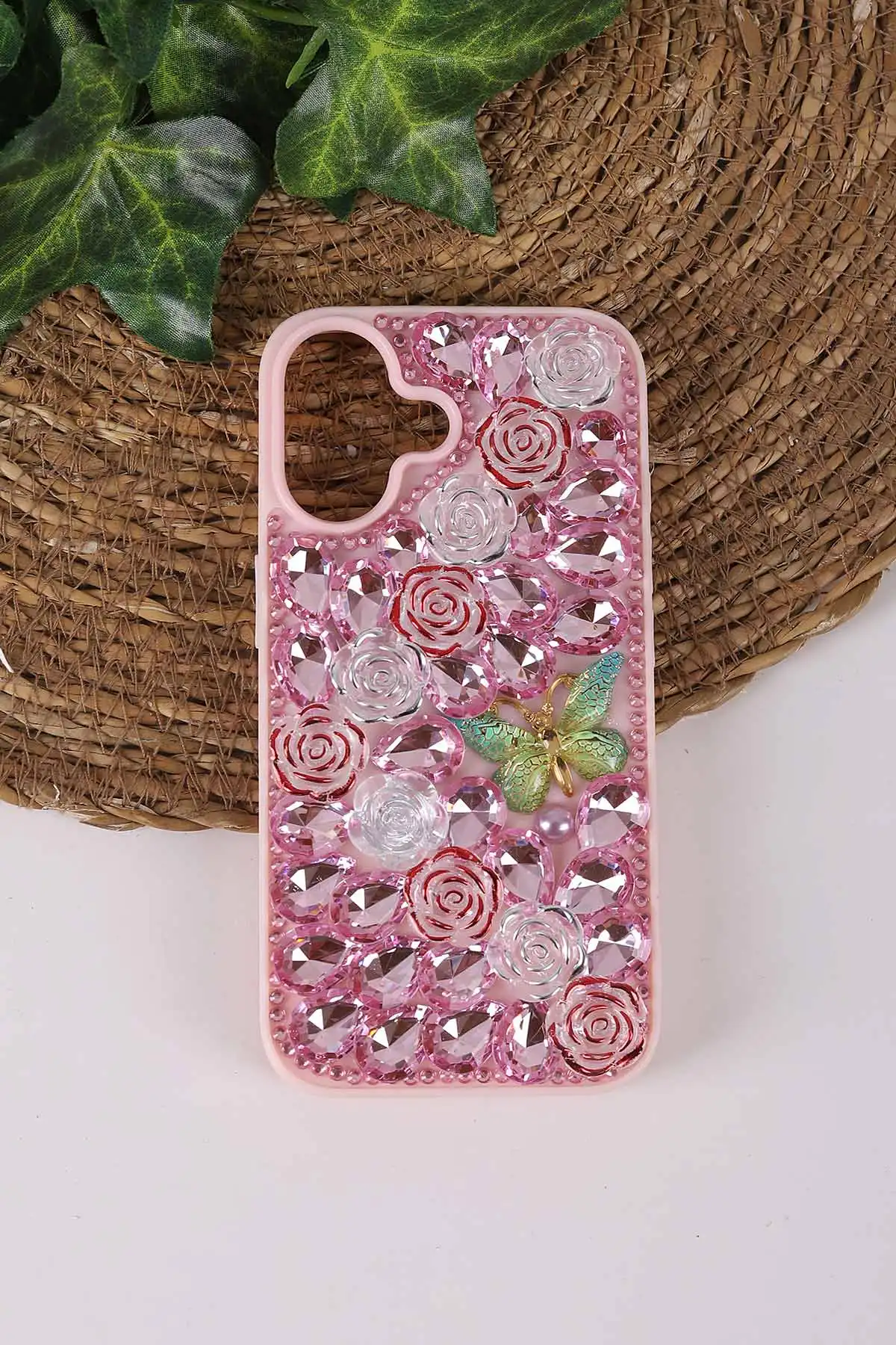 Pembe TeknoCase İPhone 16 Uyumlu Daisy Case Serisi Taşlı Vakumlu Sert Silikon Telefon Kılıfı 431086