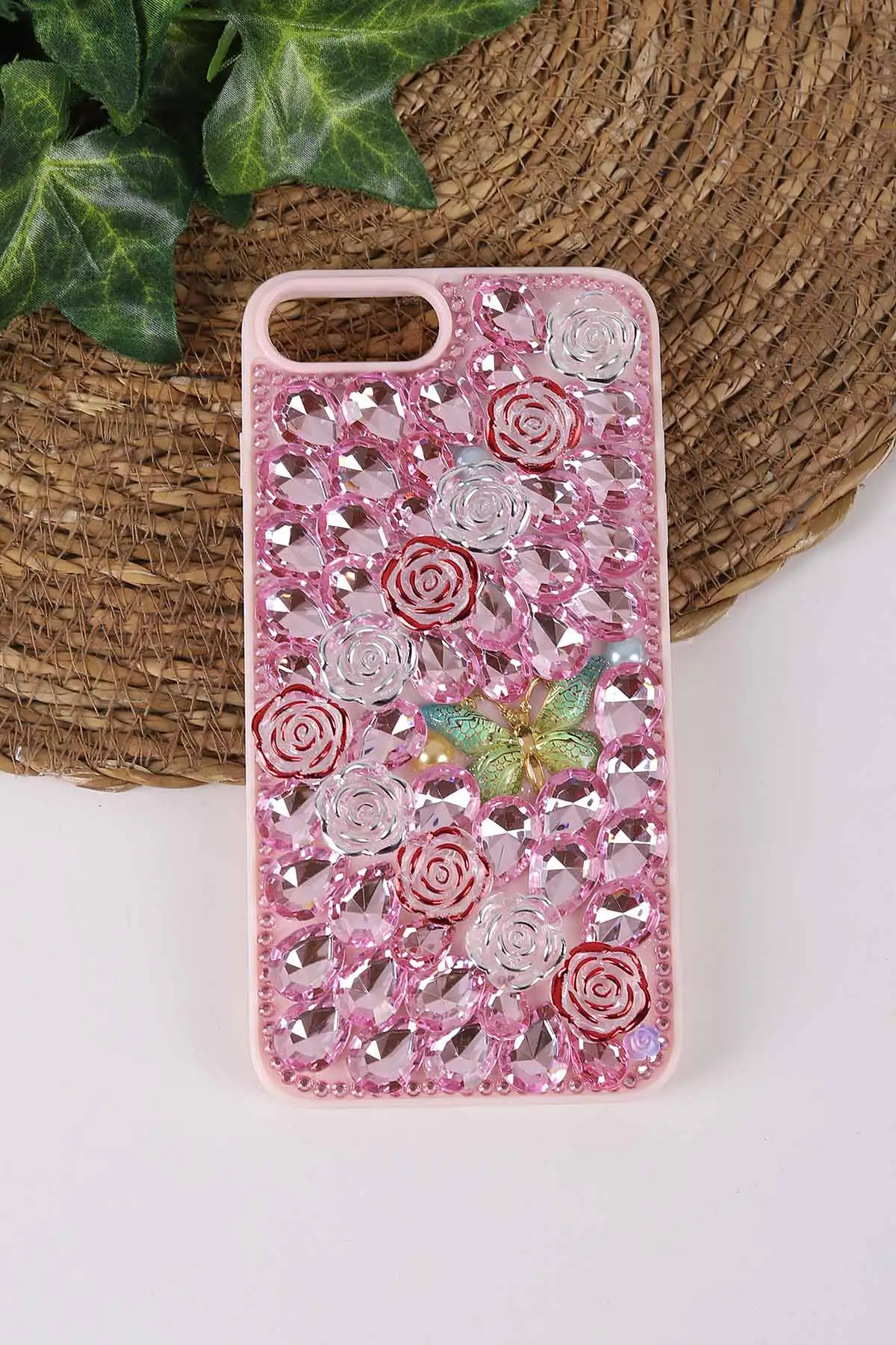 Pembe TeknoCase İPhone 7 Plus ve İPhone 8 Plus Uyumlu Daisy Case Serisi Taşlı Vakumlu Sert Silikon Telefon Kılıfı 431117