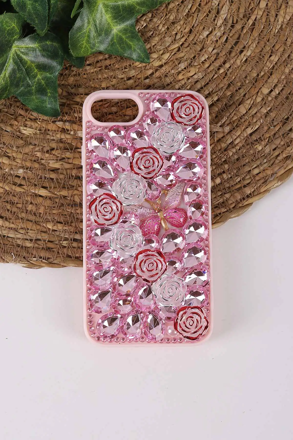 Pembe TeknoCase İPhone 7 ve  İPhone 8 Uyumlu Daisy Case Serisi Taşlı Vakumlu Sert Silikon Telefon Kılıfı 431123
