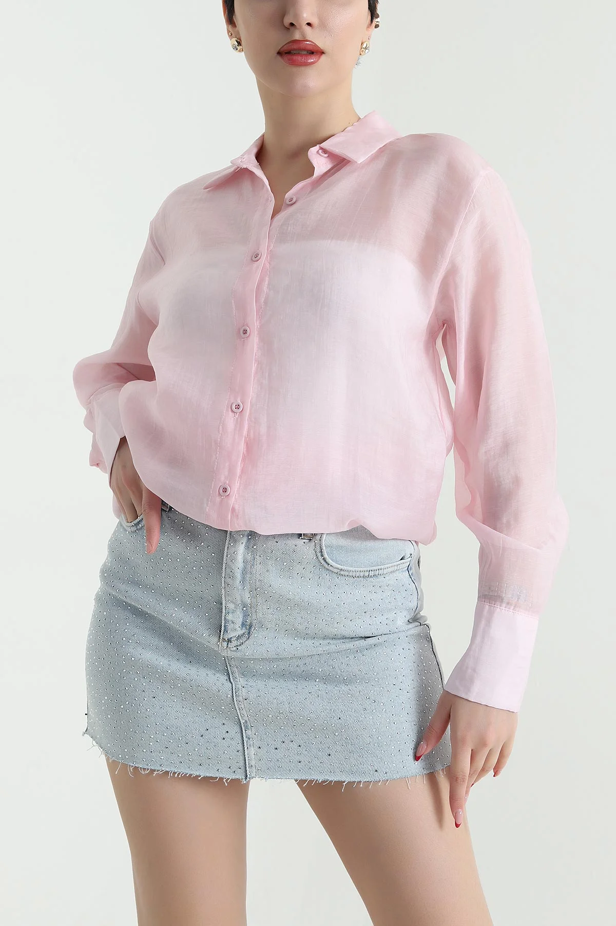 Pembe Tensel Viskoz Kadın Gömlek 440968