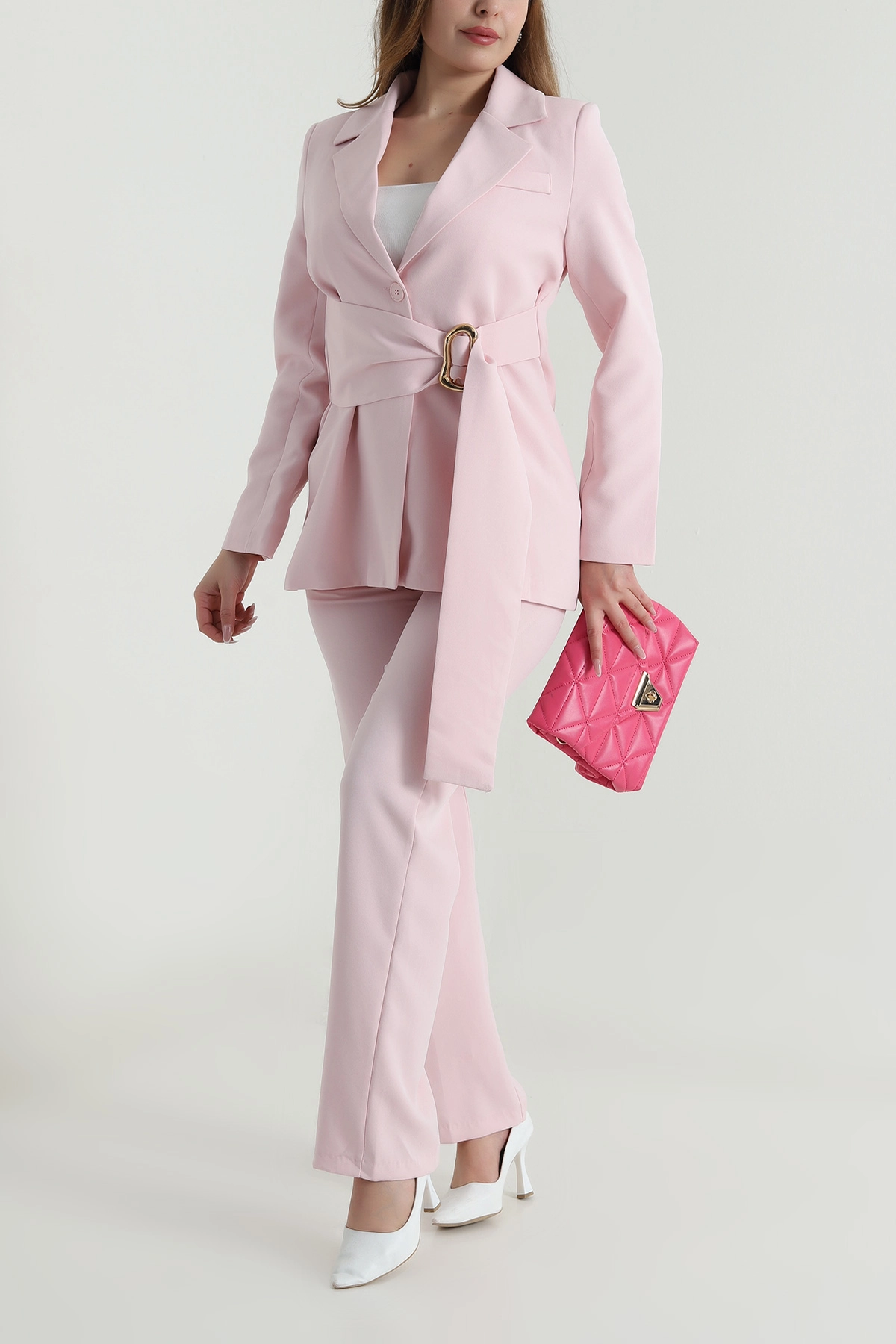 Pembe Toka Kuşaklı Astarlı Ceket Pantolon Kadın İkili Takım 487431