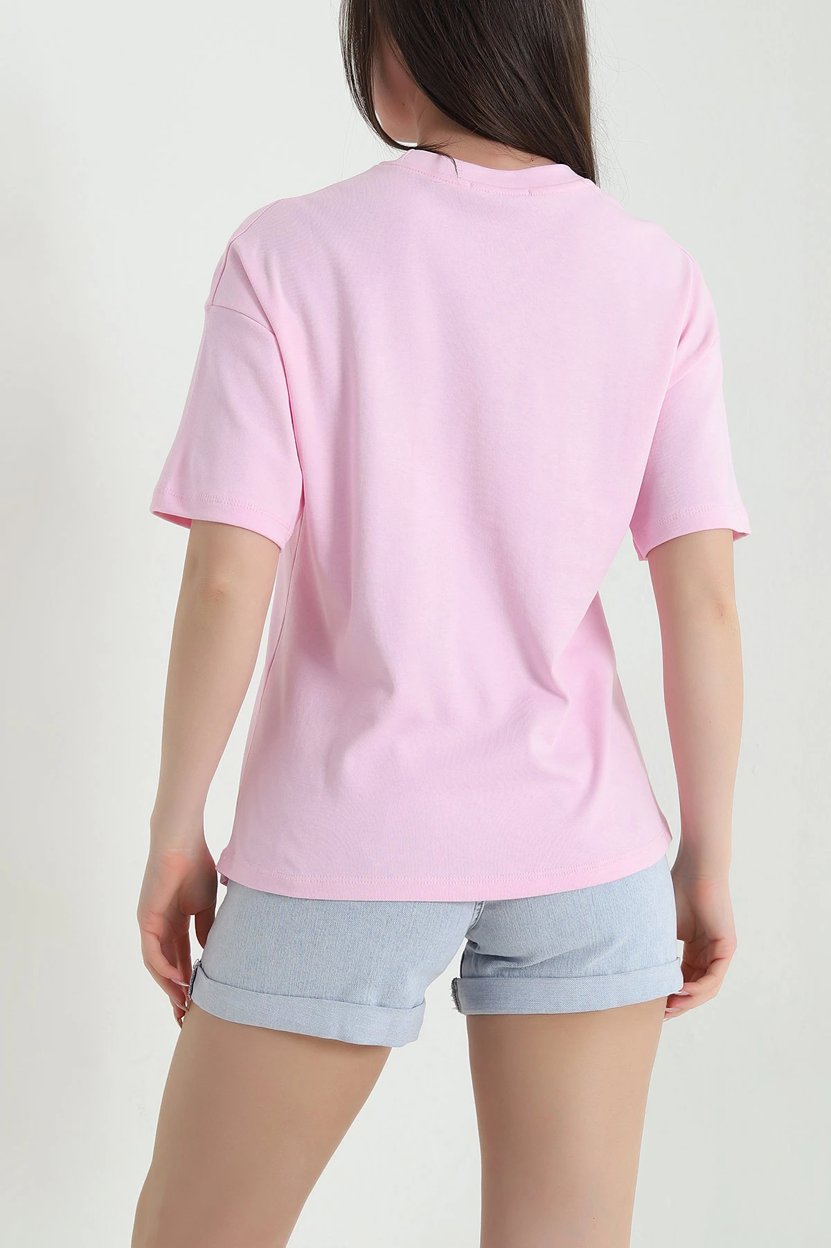 Pembe Tokalı Bisiklet Yaka İnterlok Kadın Tişört 453923