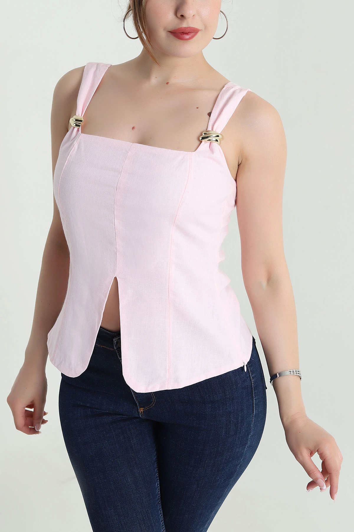 Pembe Tokalı Keten Kadın Bluz 475033