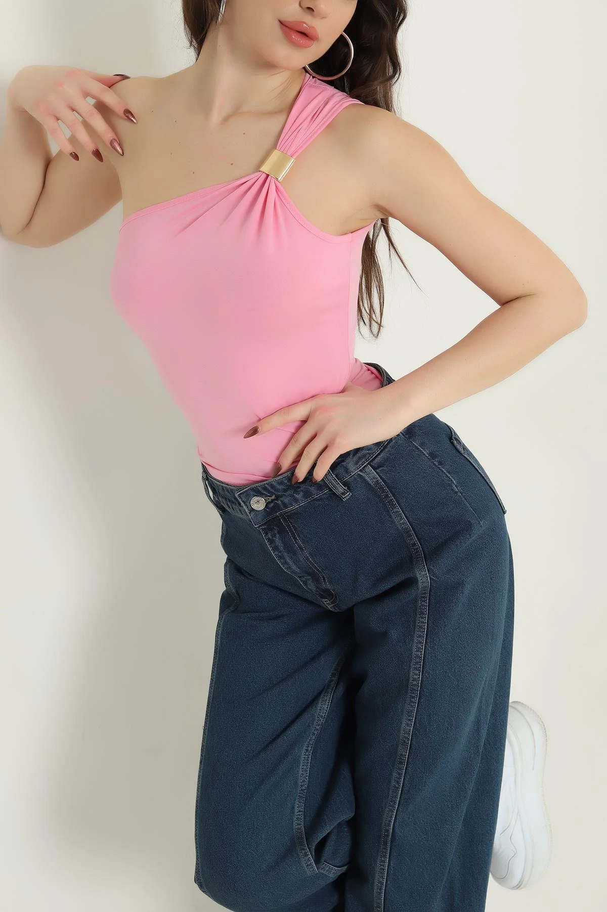 Pembe Tokalı Tek Omuz Detay Buzzy Kadın Bluz 437064