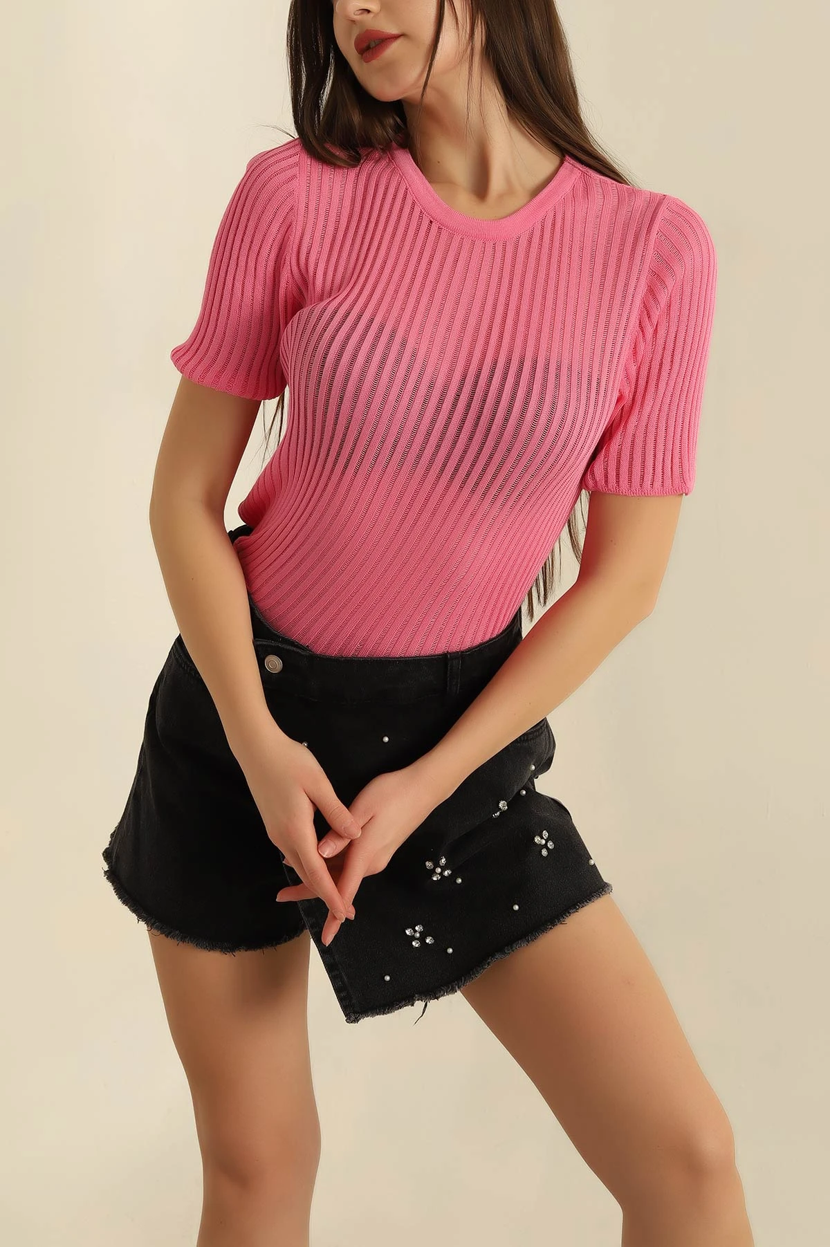 Pembe Transparan Triko Bluz 272850