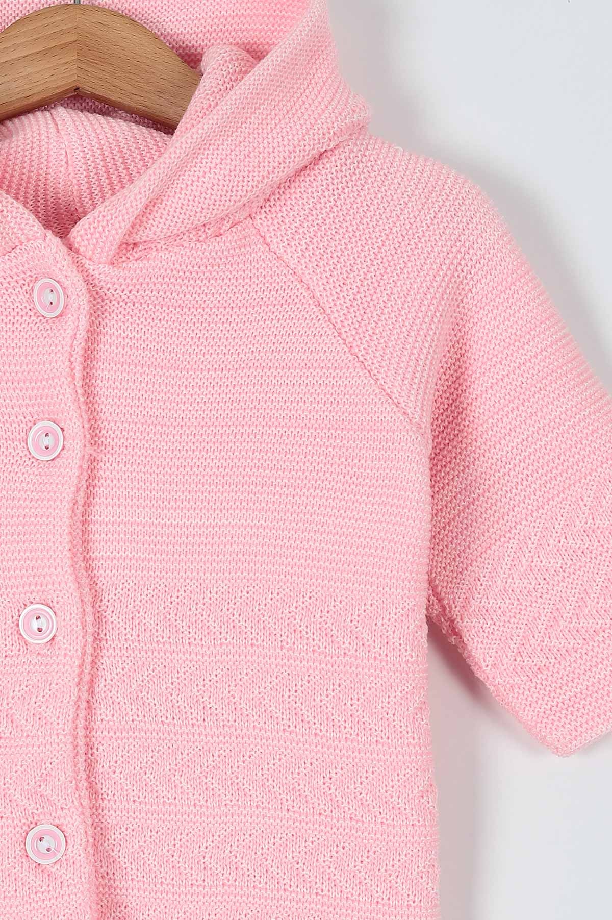 Pembe Triko Kapüşonlu Düğme Detaylı Kız Bebe Hırka 197353