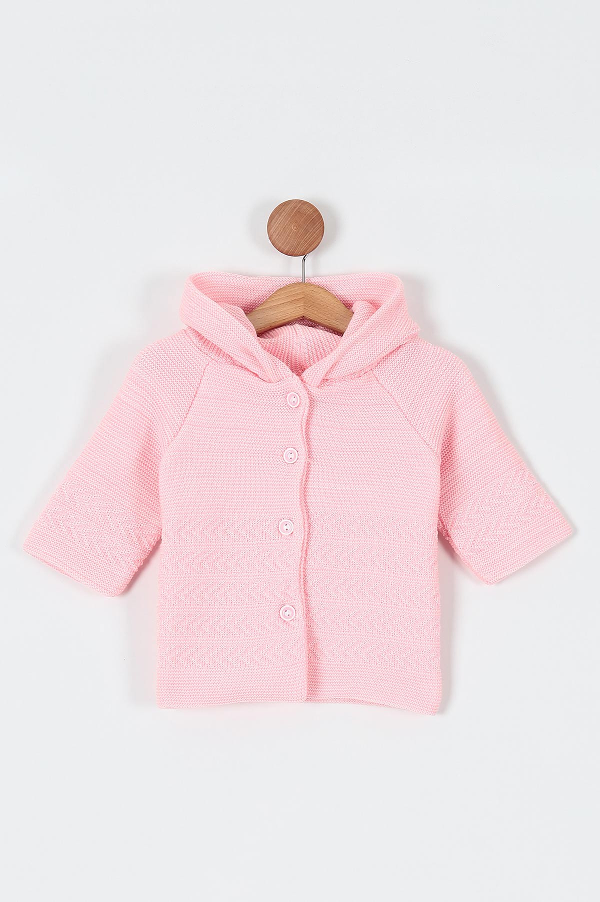 Pembe Triko Kapüşonlu Düğme Detaylı Kız Bebe Hırka 197353