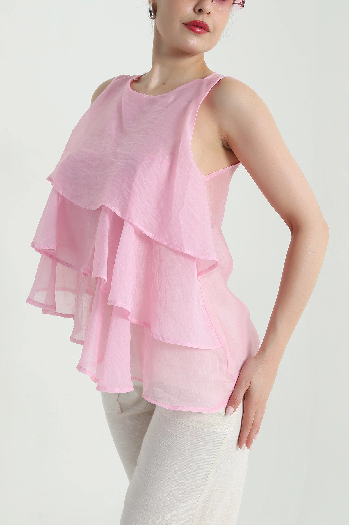 Pembe Tül Modal Kat Kat Kadın Bluz 470768