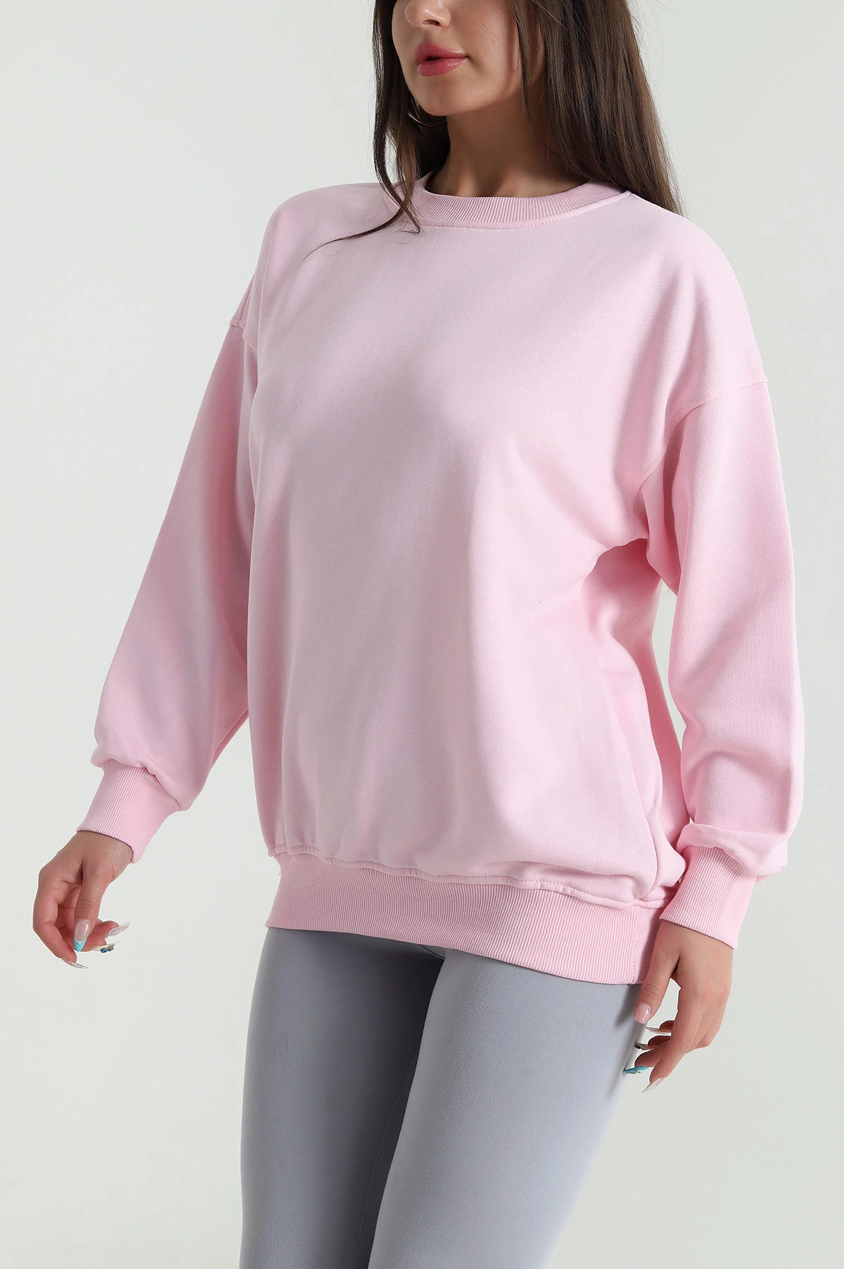 Pembe Üç İp Bisiklet Yaka Kadın Sweat 483664
