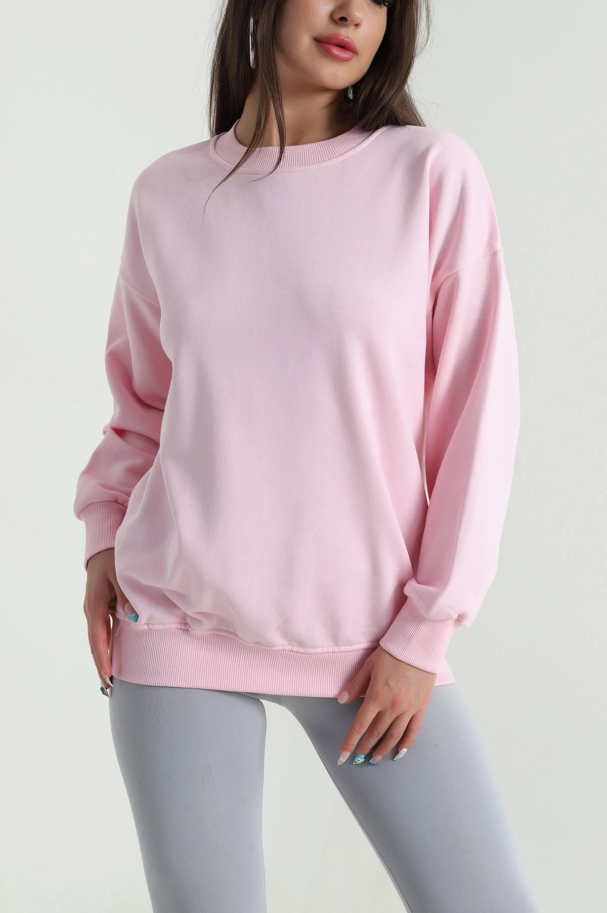 Pembe Üç İp Bisiklet Yaka Kadın Sweat 483664