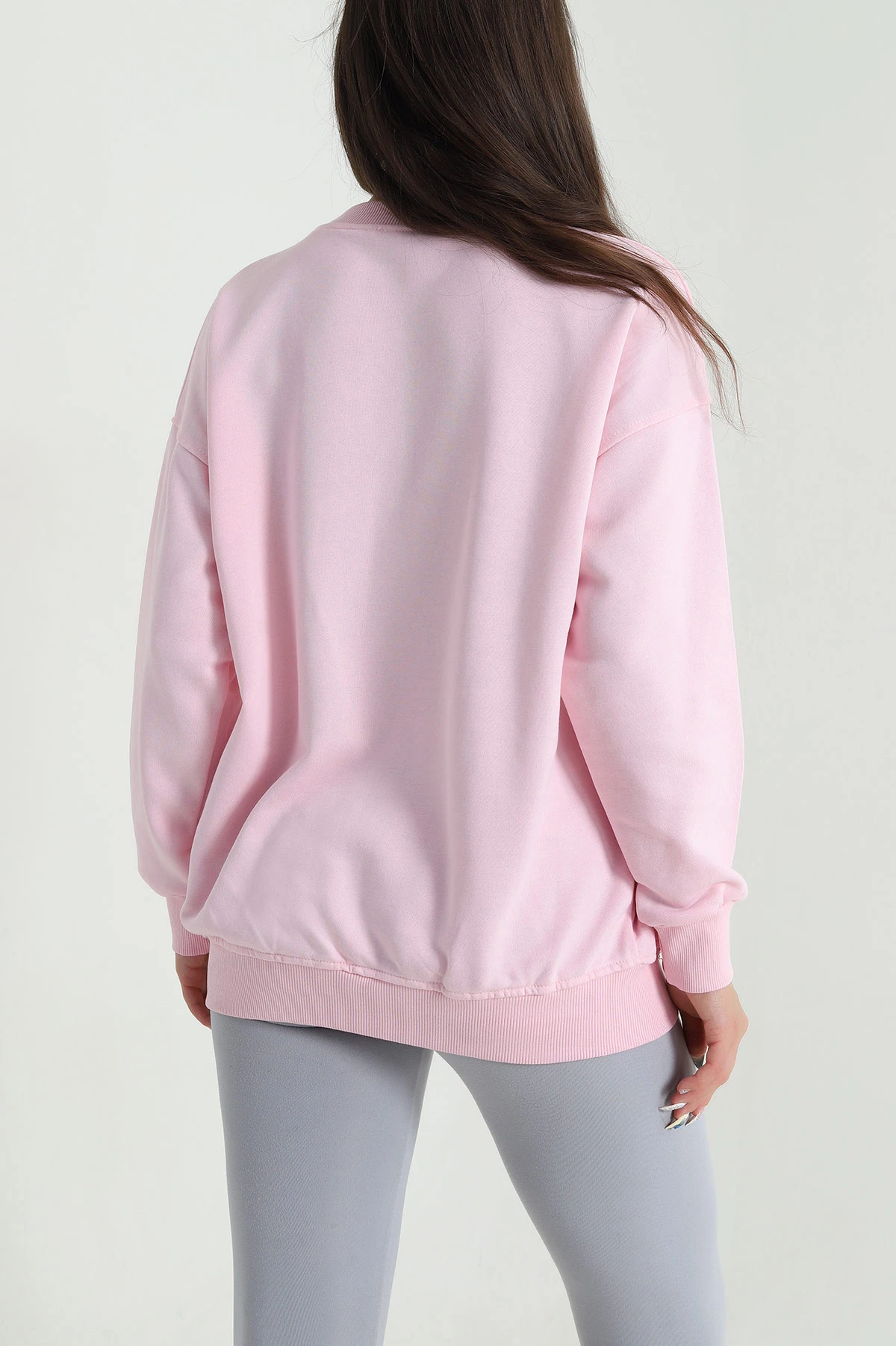 Pembe Üç İp Bisiklet Yaka Kadın Sweat 483664