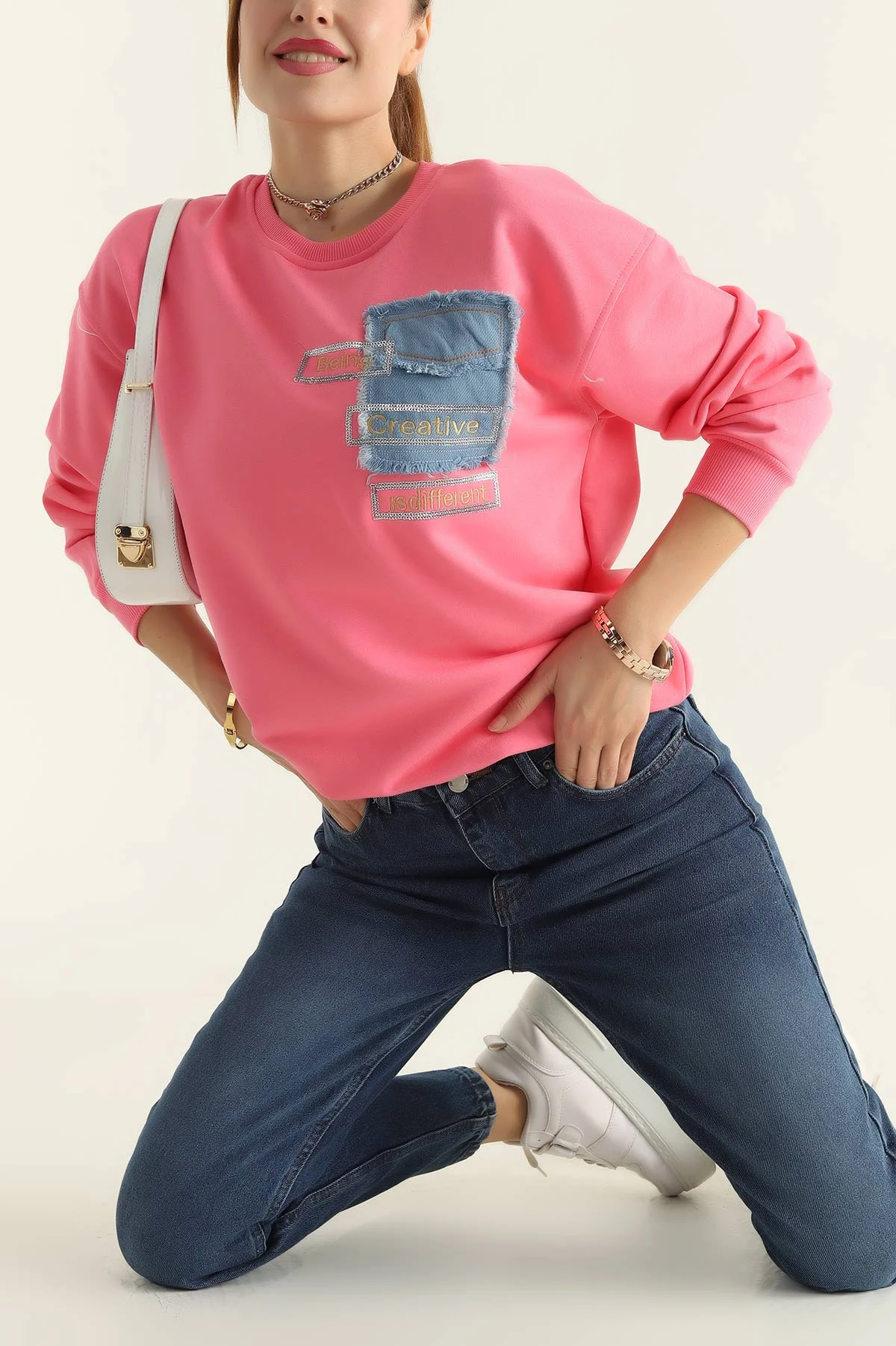 Pembe Üç İp Nakışlı Pullu Bayan Sweat 306167