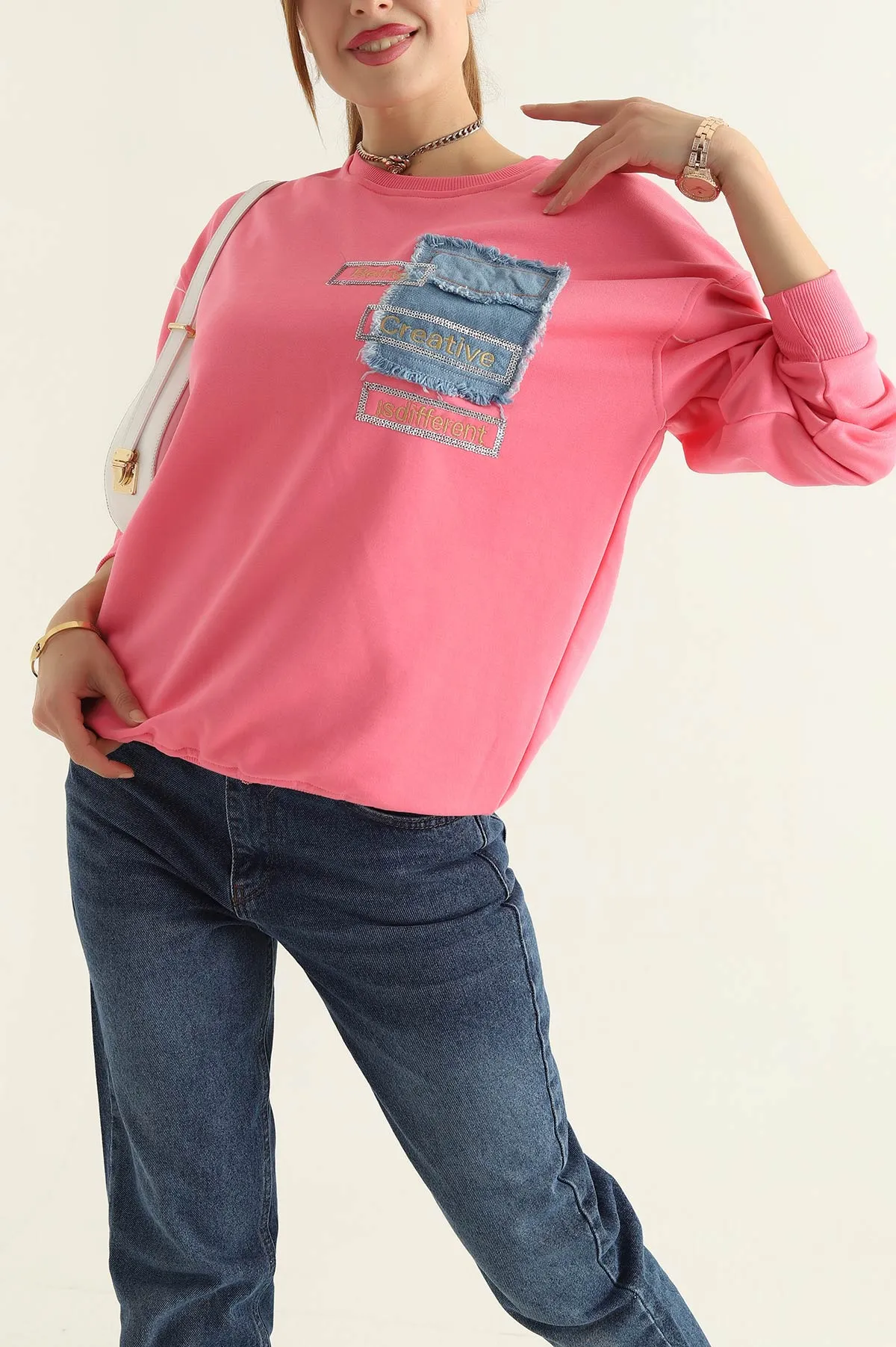 Pembe Üç İp Nakışlı Pullu Bayan Sweat 306167